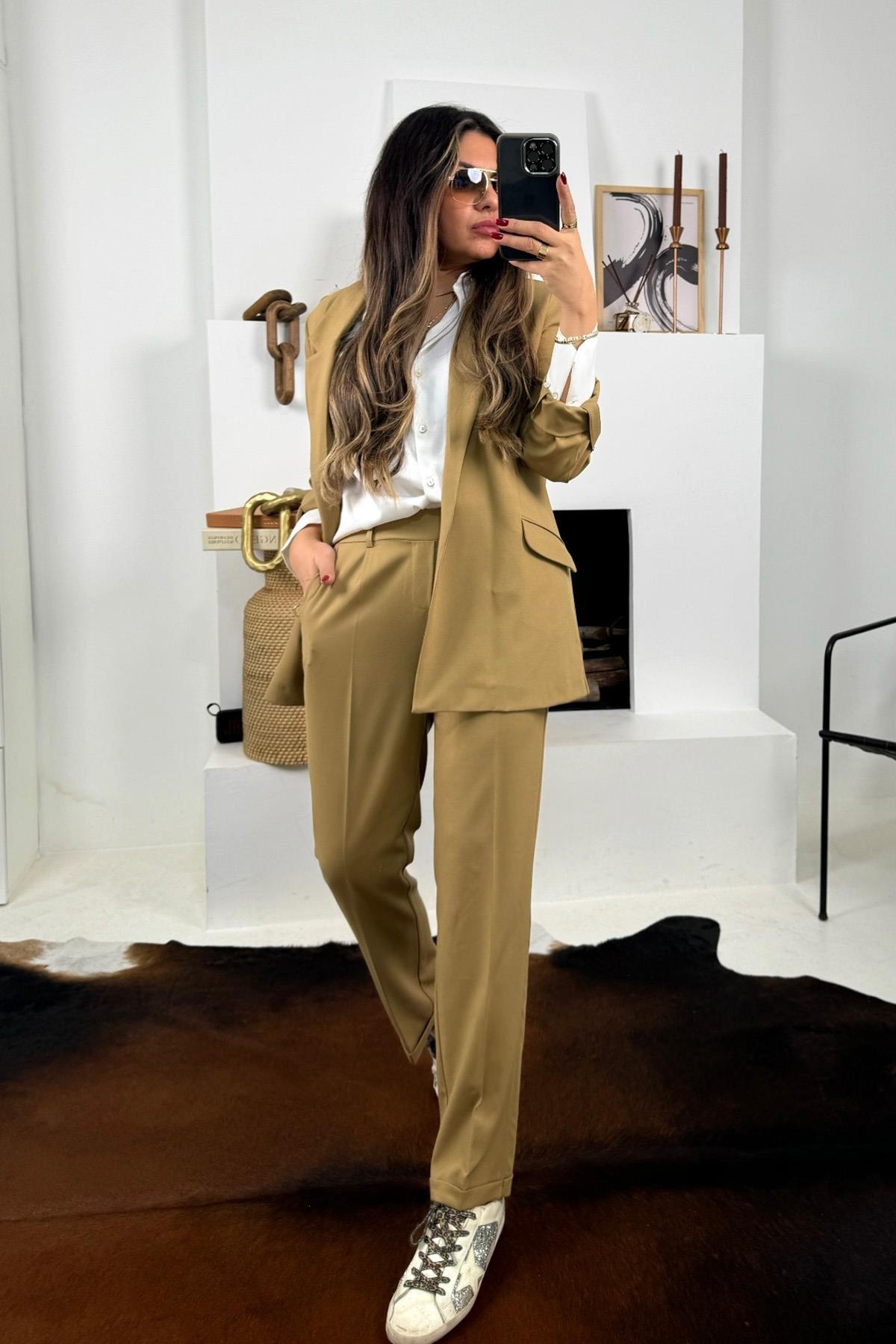 Dokuma Ceketli Pantolon Takım Camel