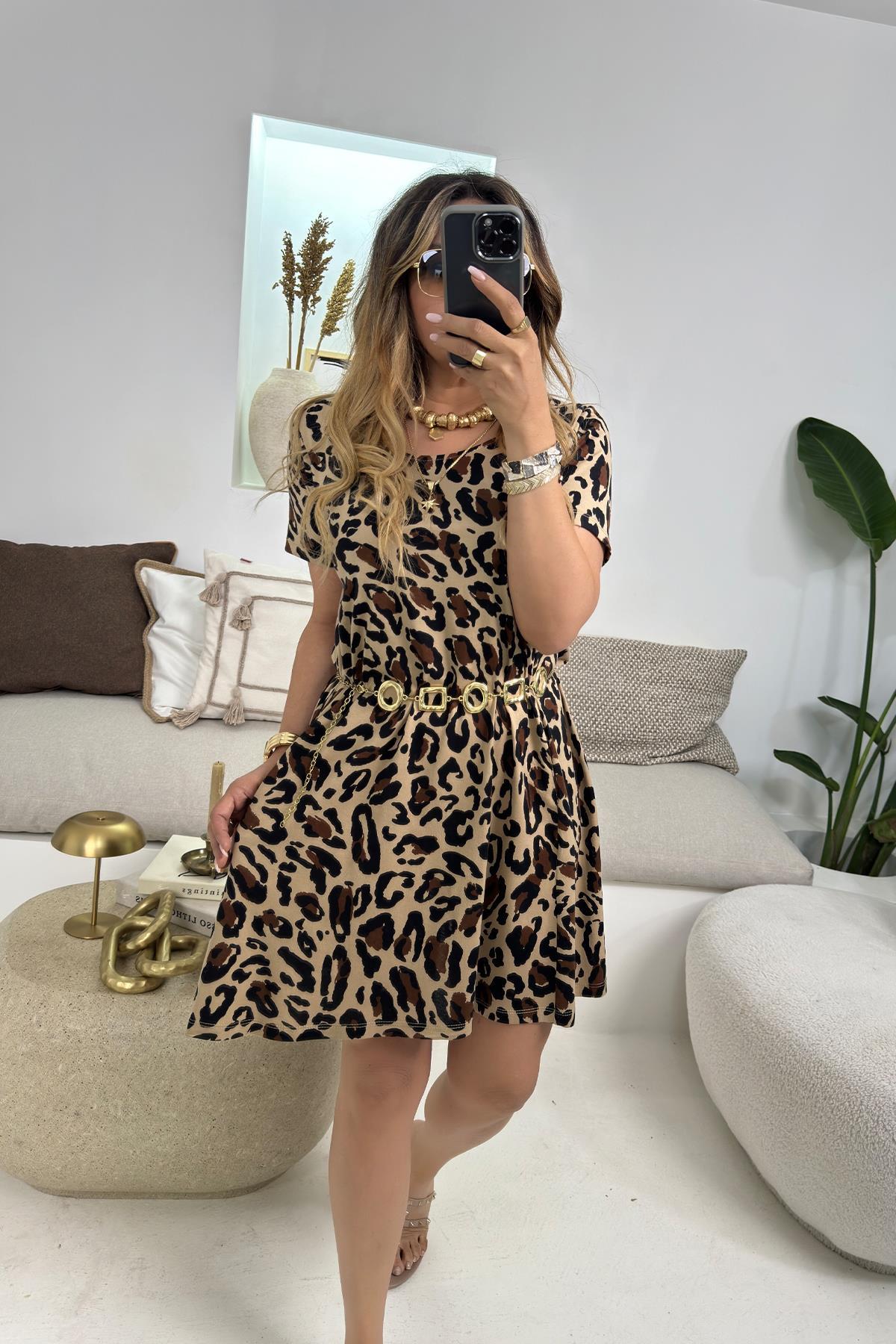 Dökümlü Leopar Basic Elbise Leopar