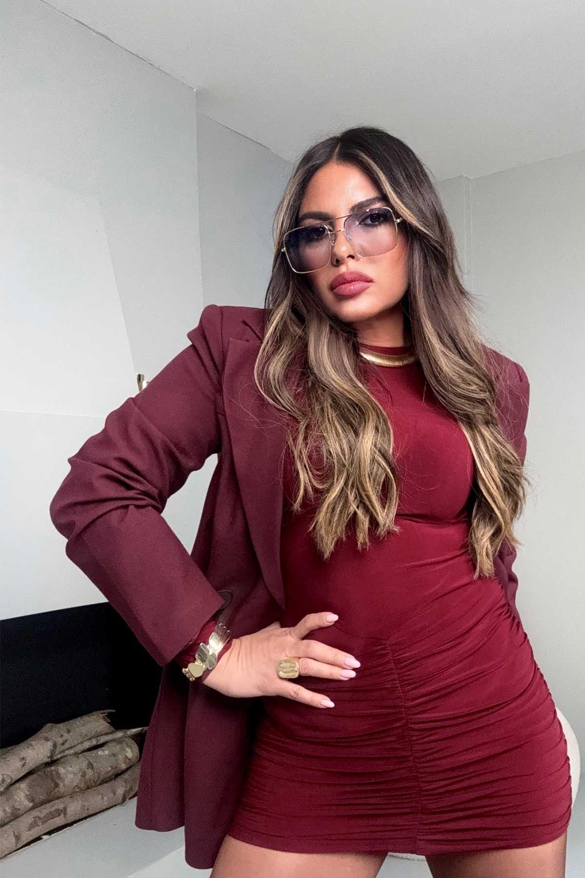 Drapeli Vatkalı Mini Elbise Bordo