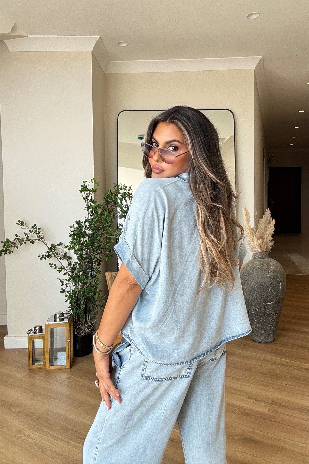 Düşük Bel Tencel Denim Takım Açık Mavi