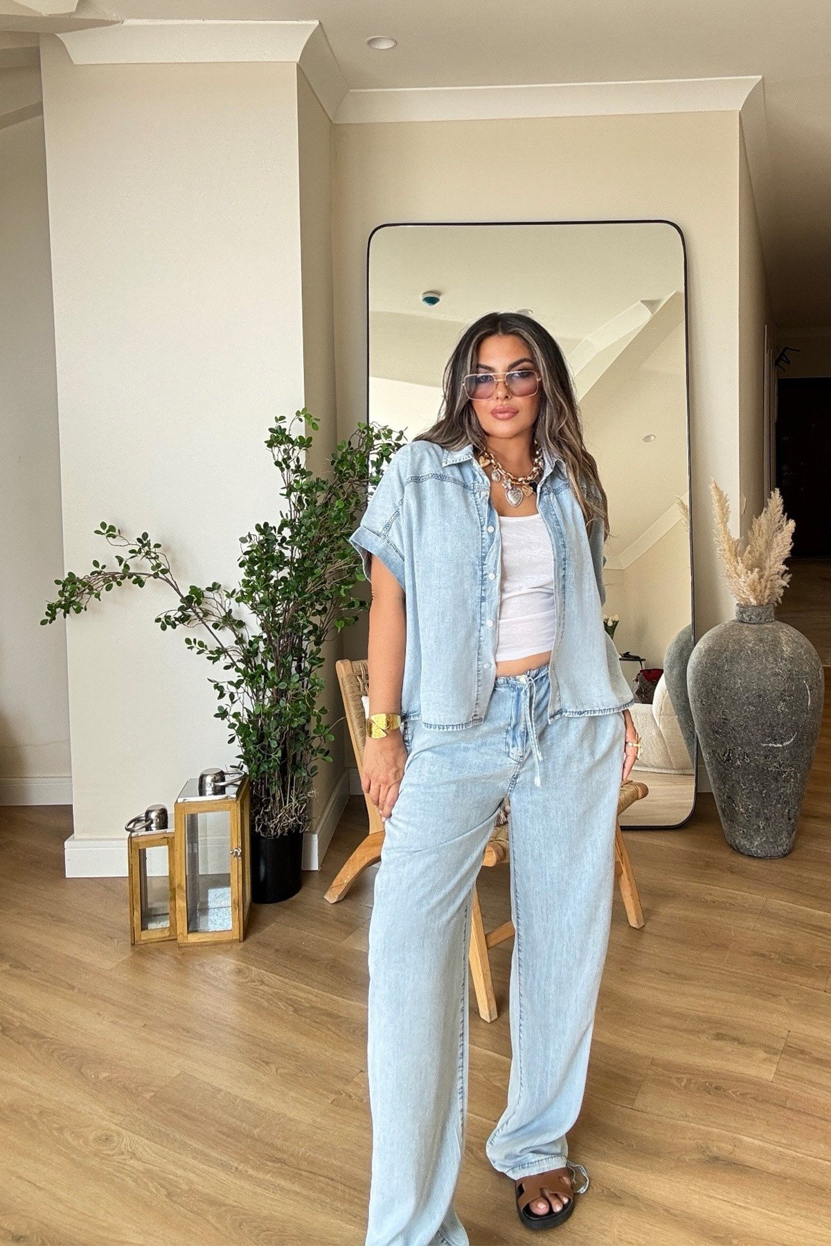 Düşük Bel Tencel Denim Takım Açık Mavi