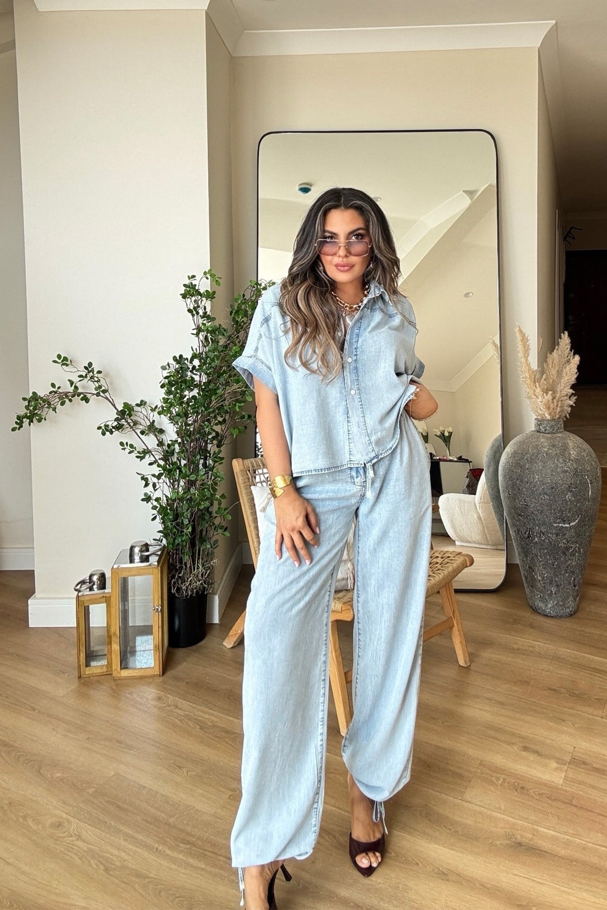 Düşük Bel Tencel Denim Takım Açık Mavi