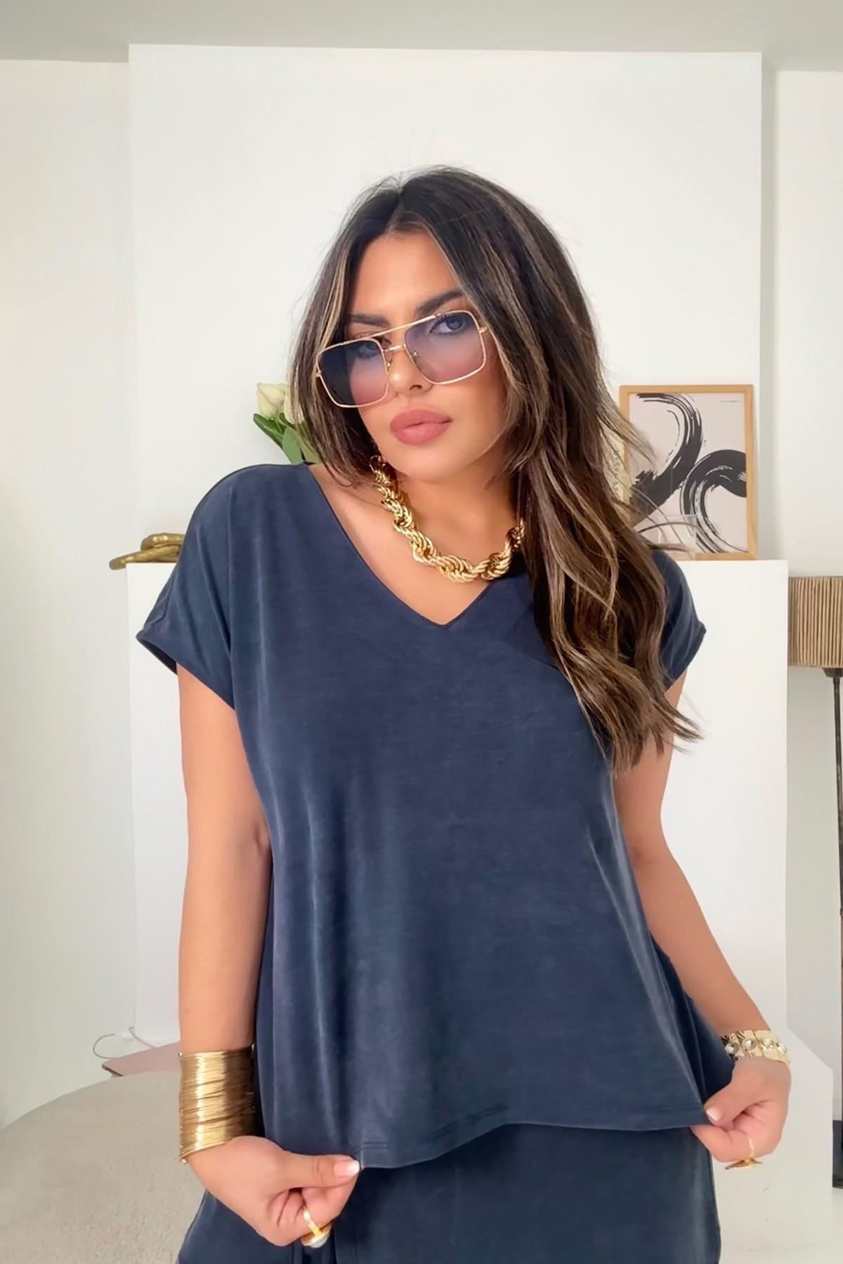 Düşük Kol V Yaka Modal Tshirt Lacivert