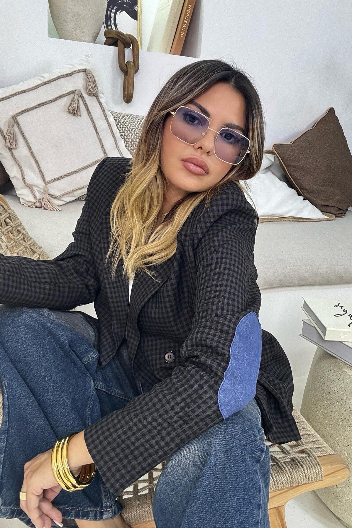 Ekose Dokuma Kumaş Blazer Ceket Acı Kahve