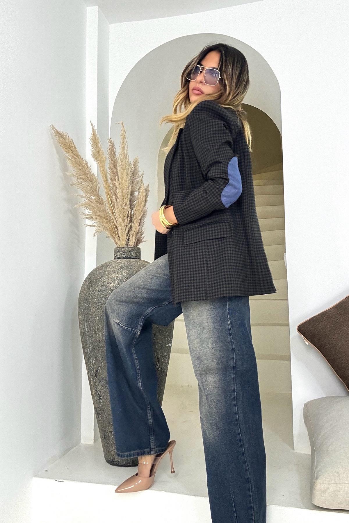 Ekose Dokuma Kumaş Blazer Ceket Acı Kahve