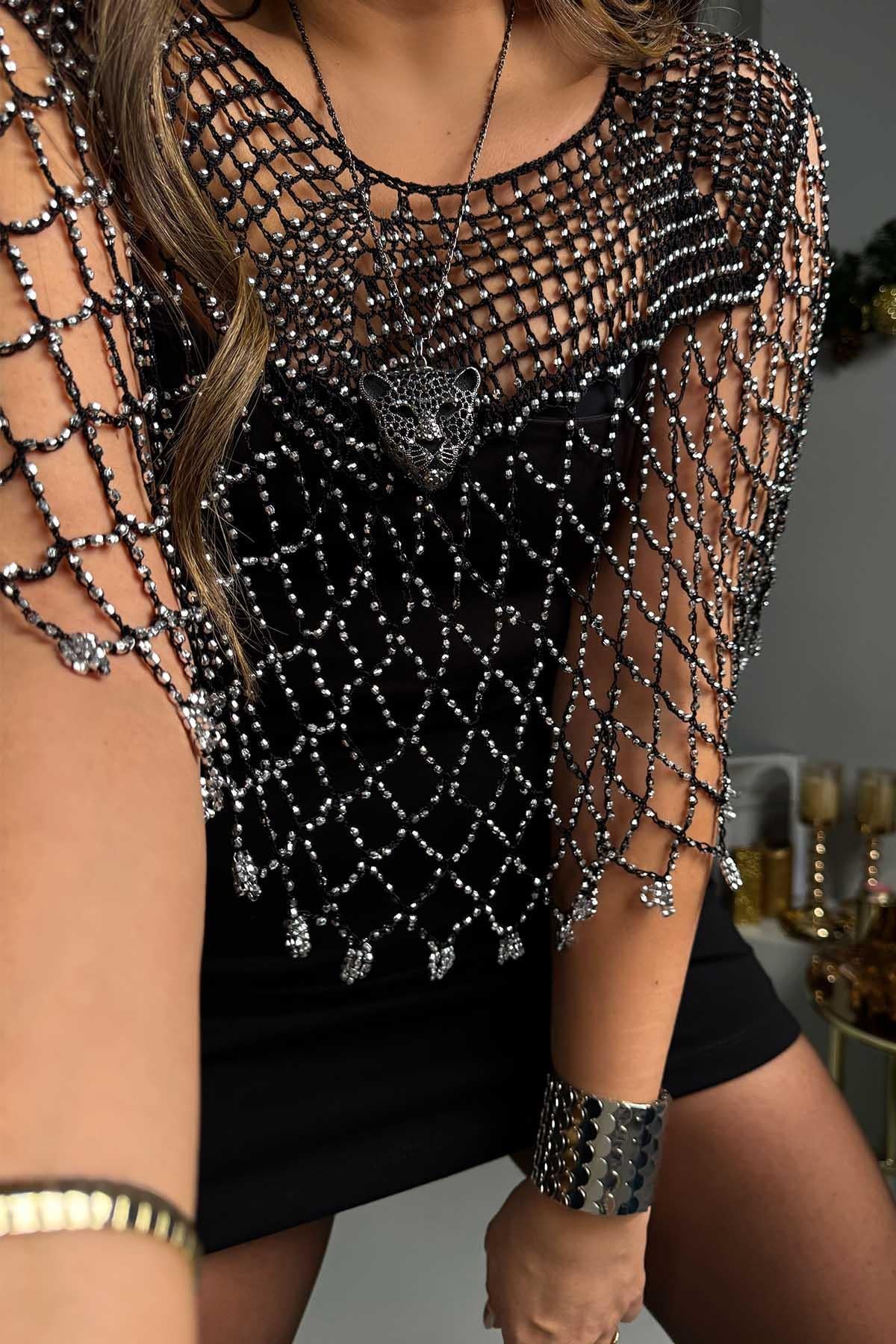 El İşi Gümüş Boncuk Detaylı Bolero Siyah