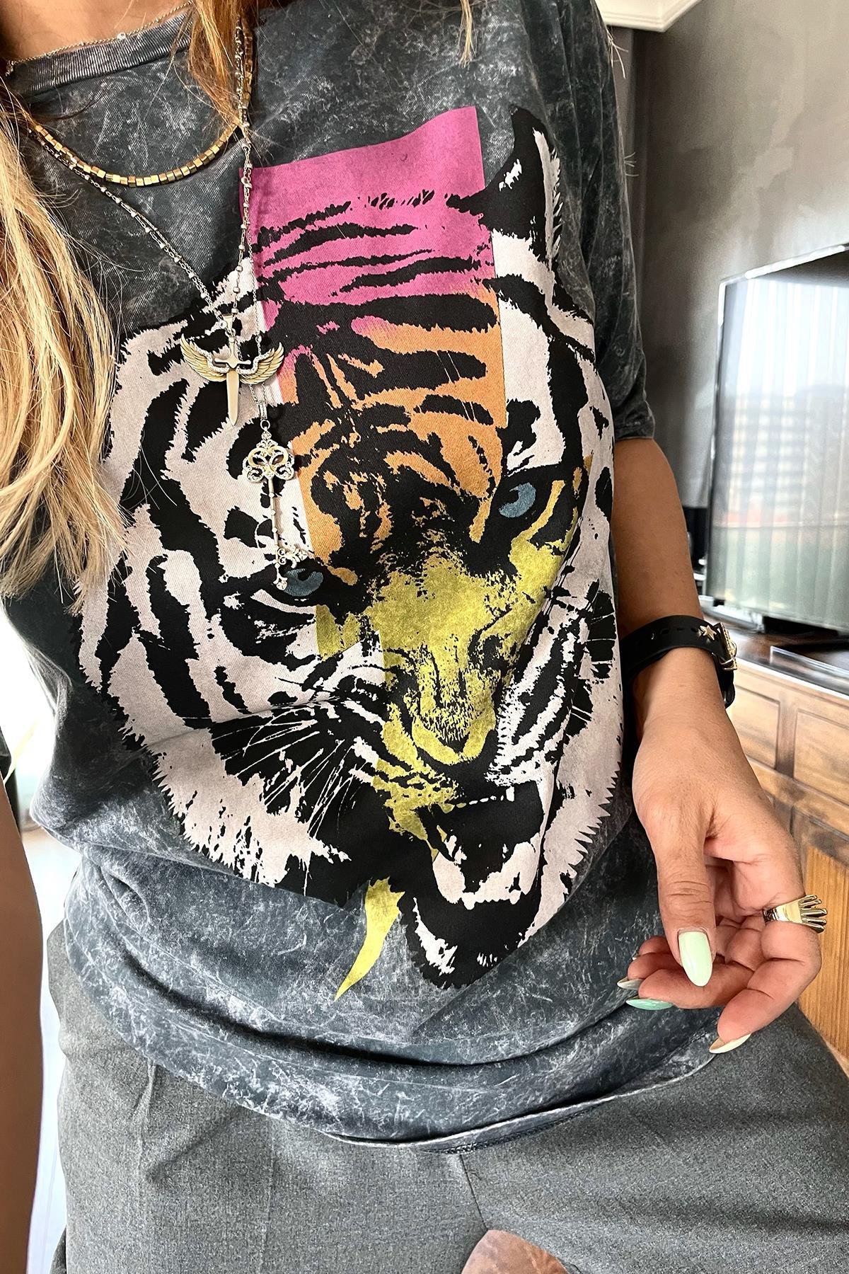 Eskitme Kaplan Tshirt Gri