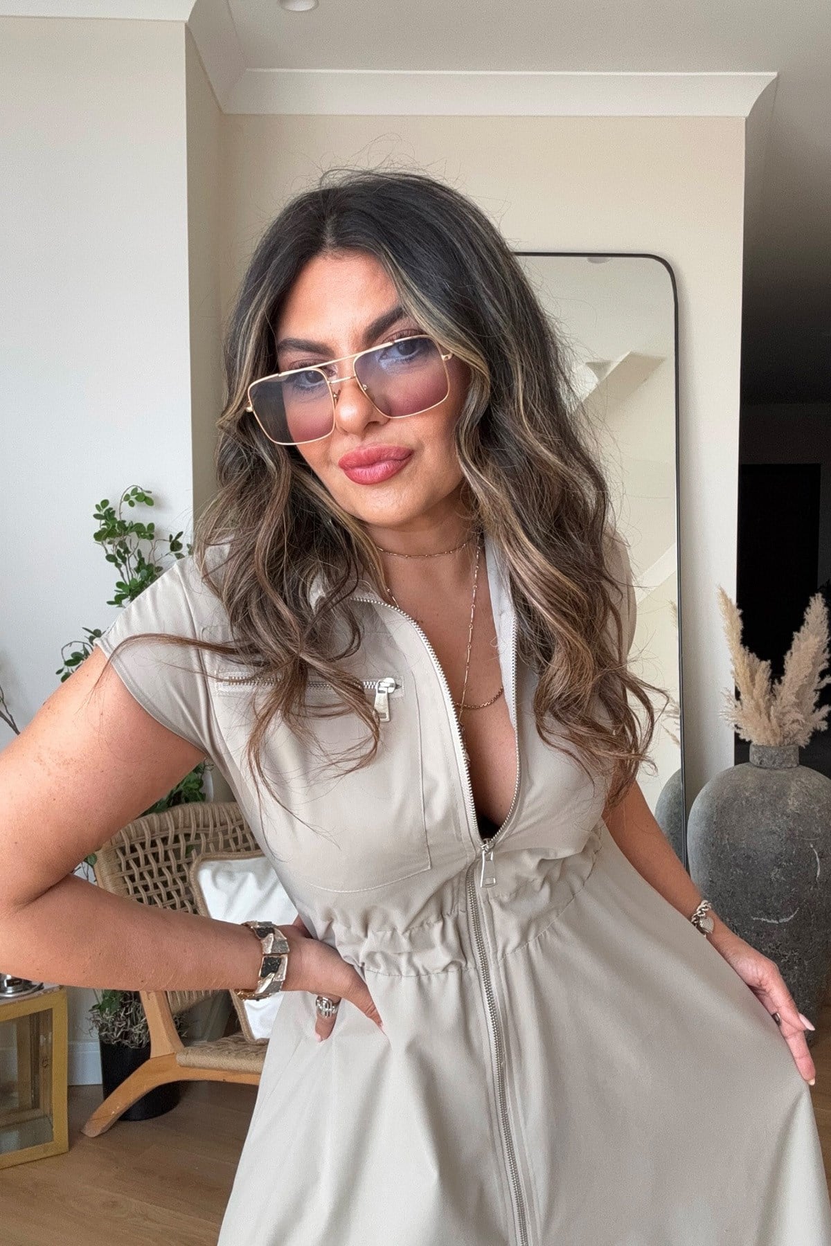 Fermuarlı Beli Lastikli Soft Touch Elbise Taş