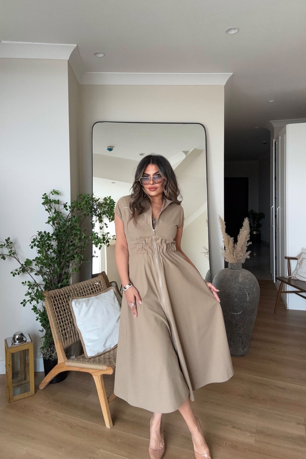 Fermuarlı Beli Lastikli Soft Touch Elbise Camel