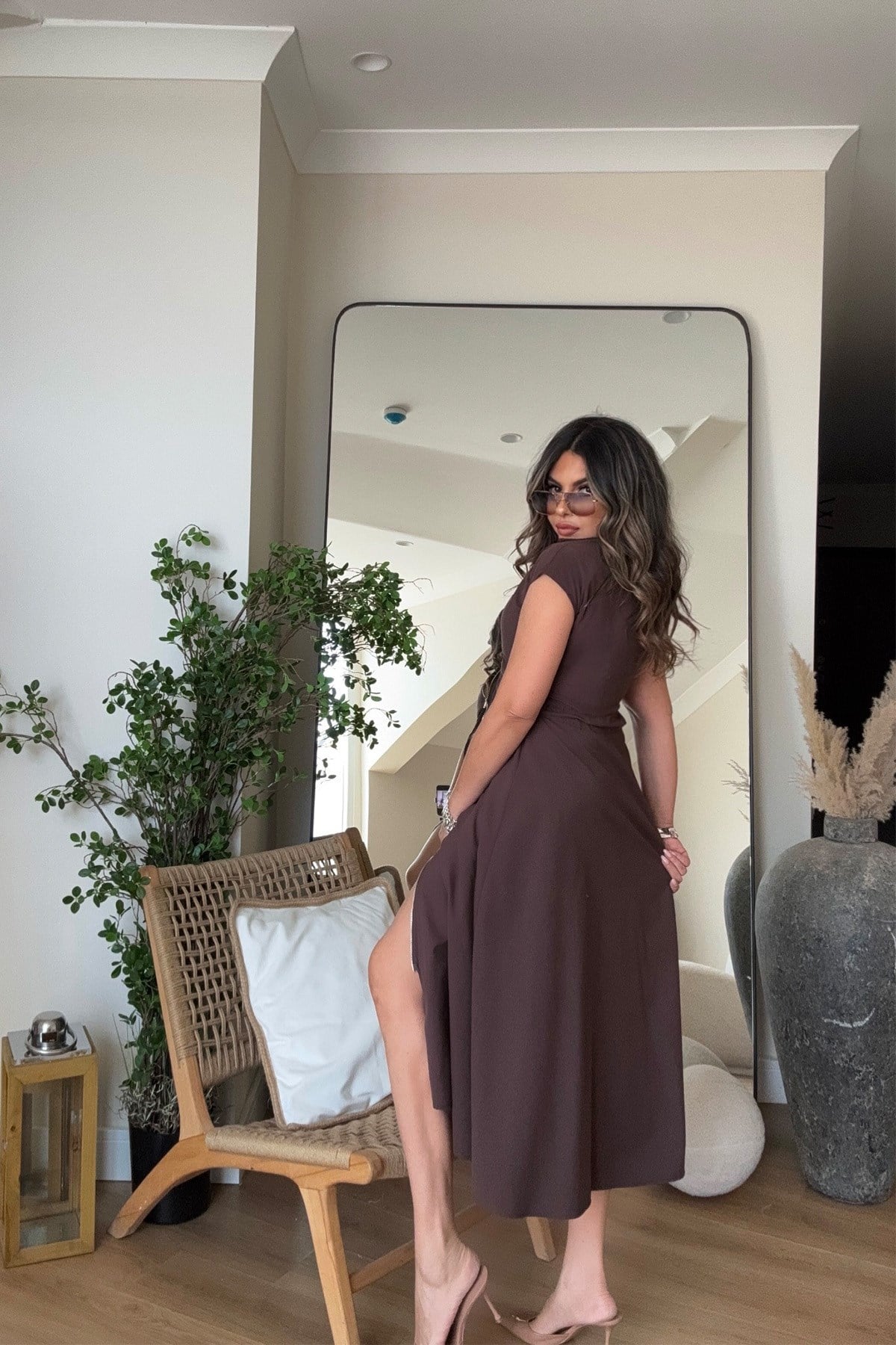 Fermuarlı Beli Lastikli Soft Touch Elbise Kahve