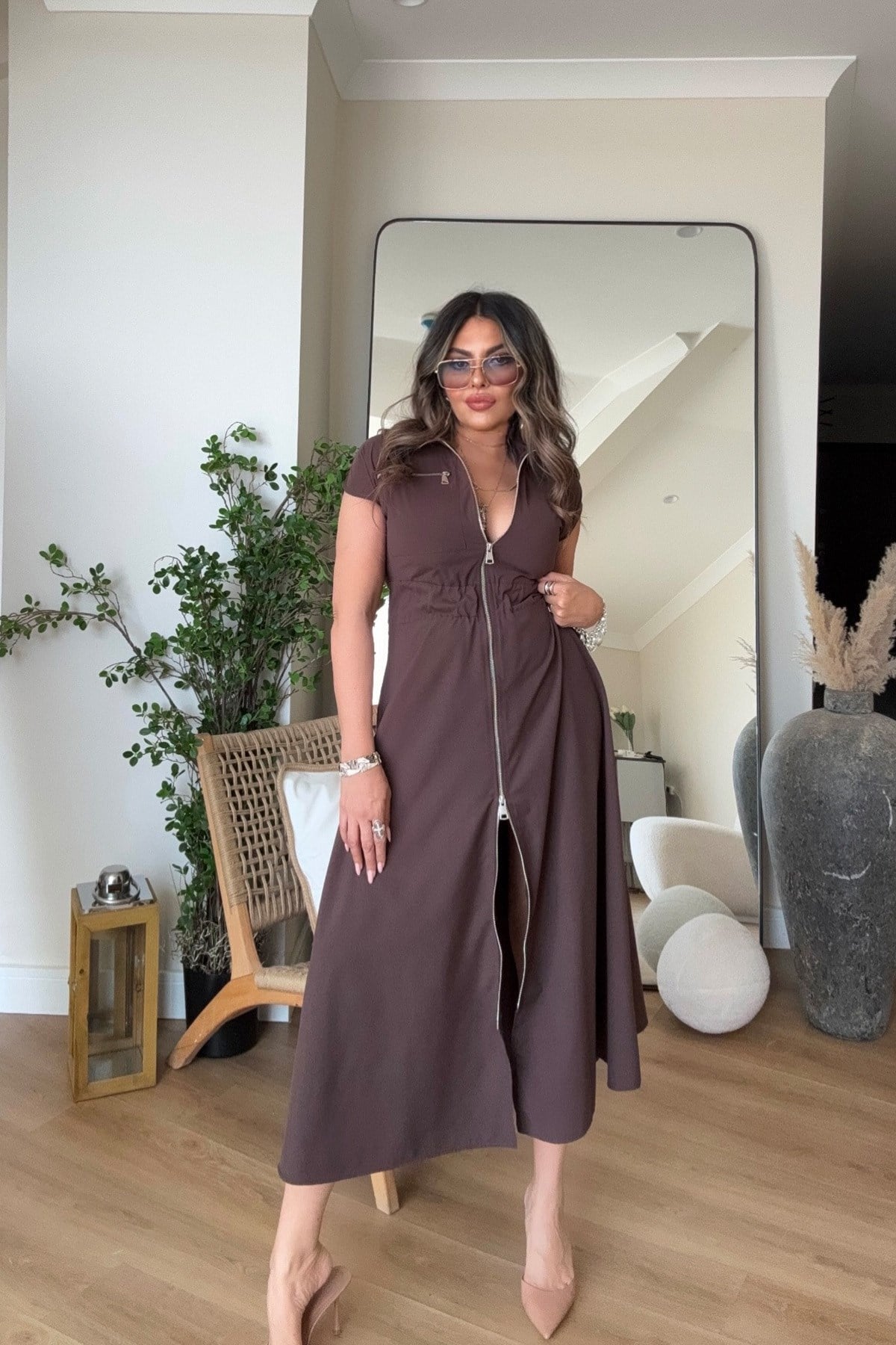 Fermuarlı Beli Lastikli Soft Touch Elbise Kahve