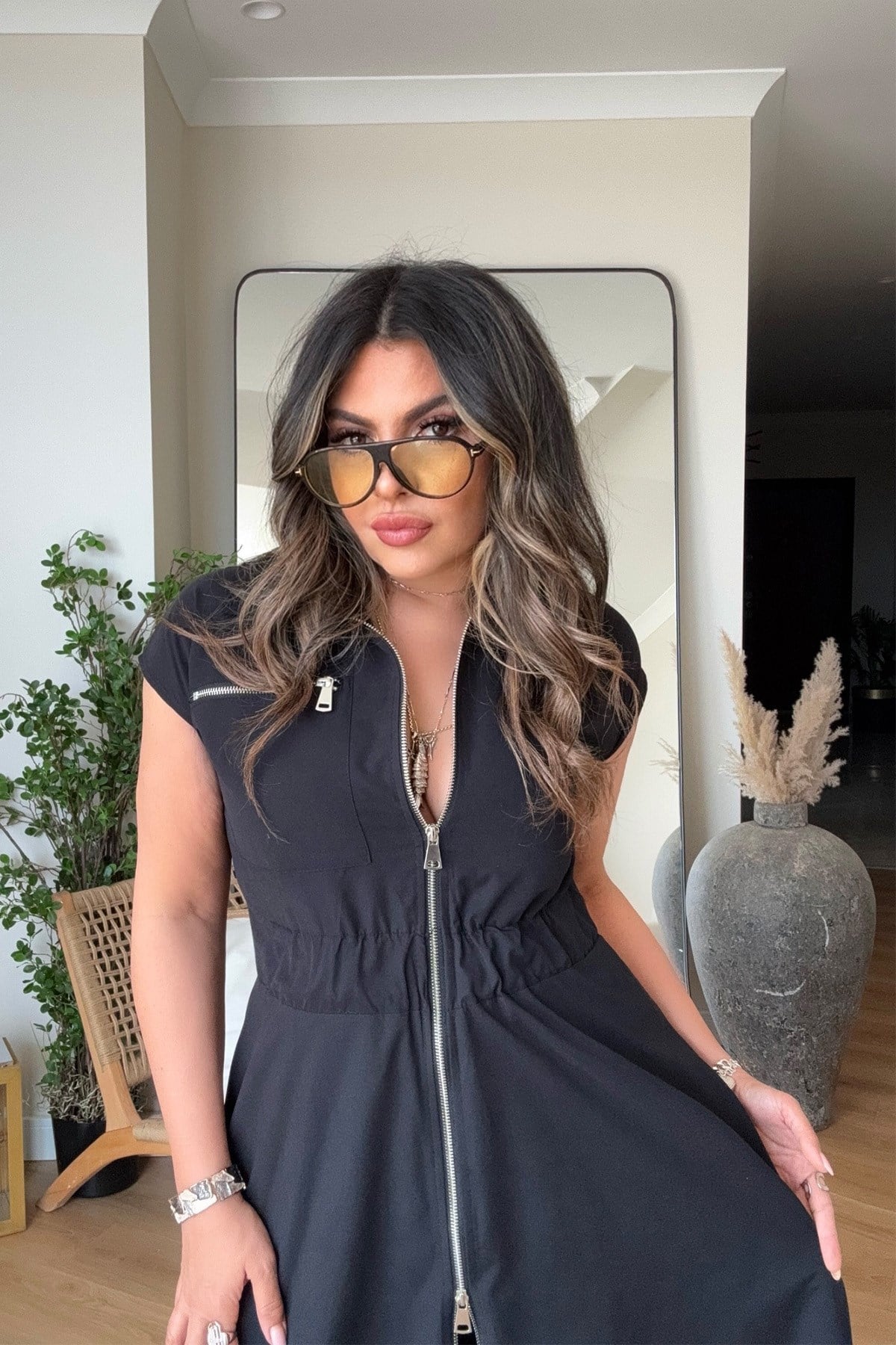 Fermuarlı Beli Lastikli Soft Touch Elbise Siyah