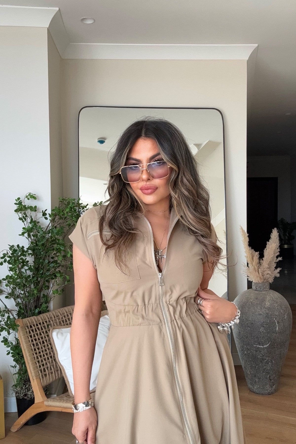 Fermuarlı Beli Lastikli Soft Touch Elbise Camel