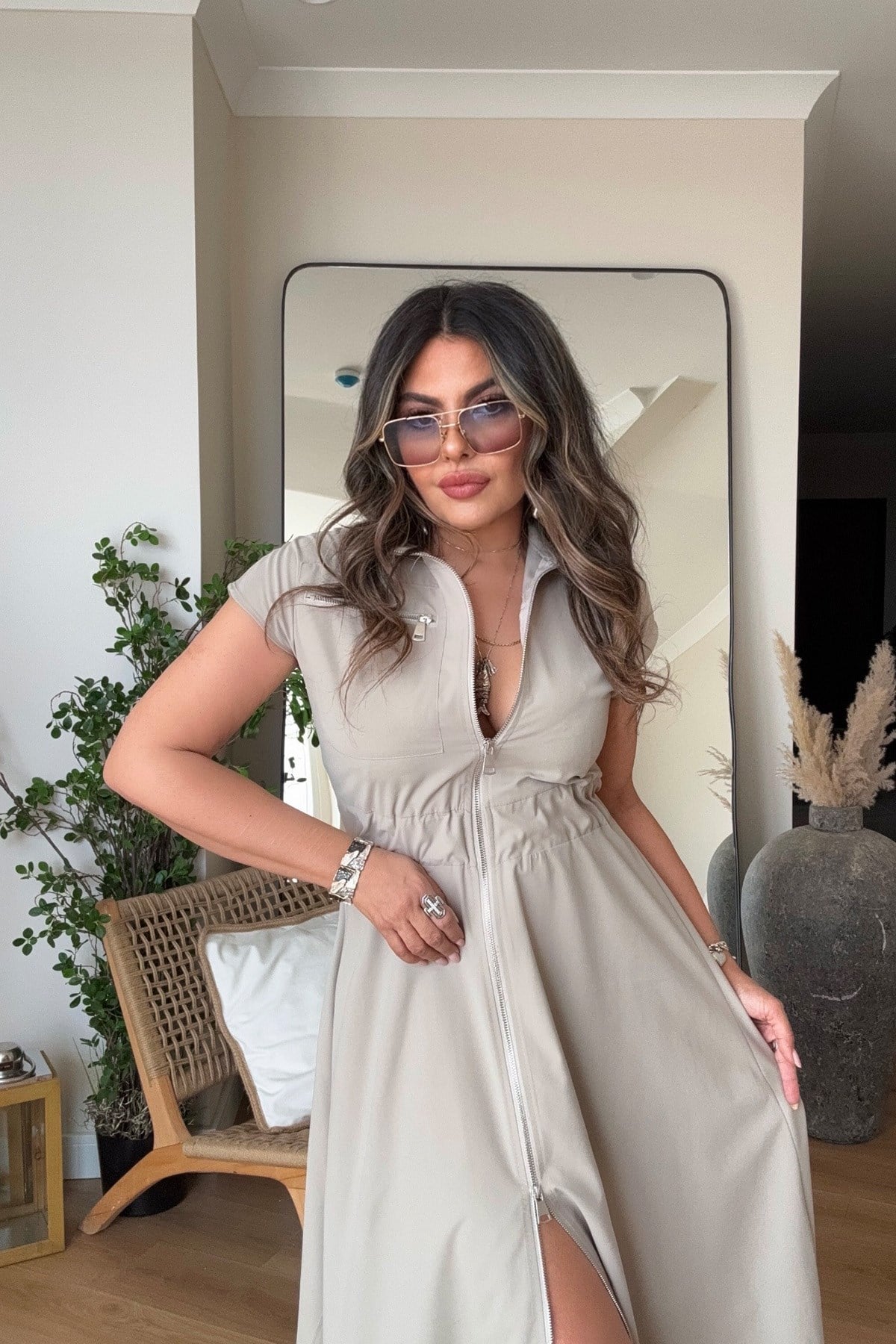 Fermuarlı Beli Lastikli Soft Touch Elbise Taş