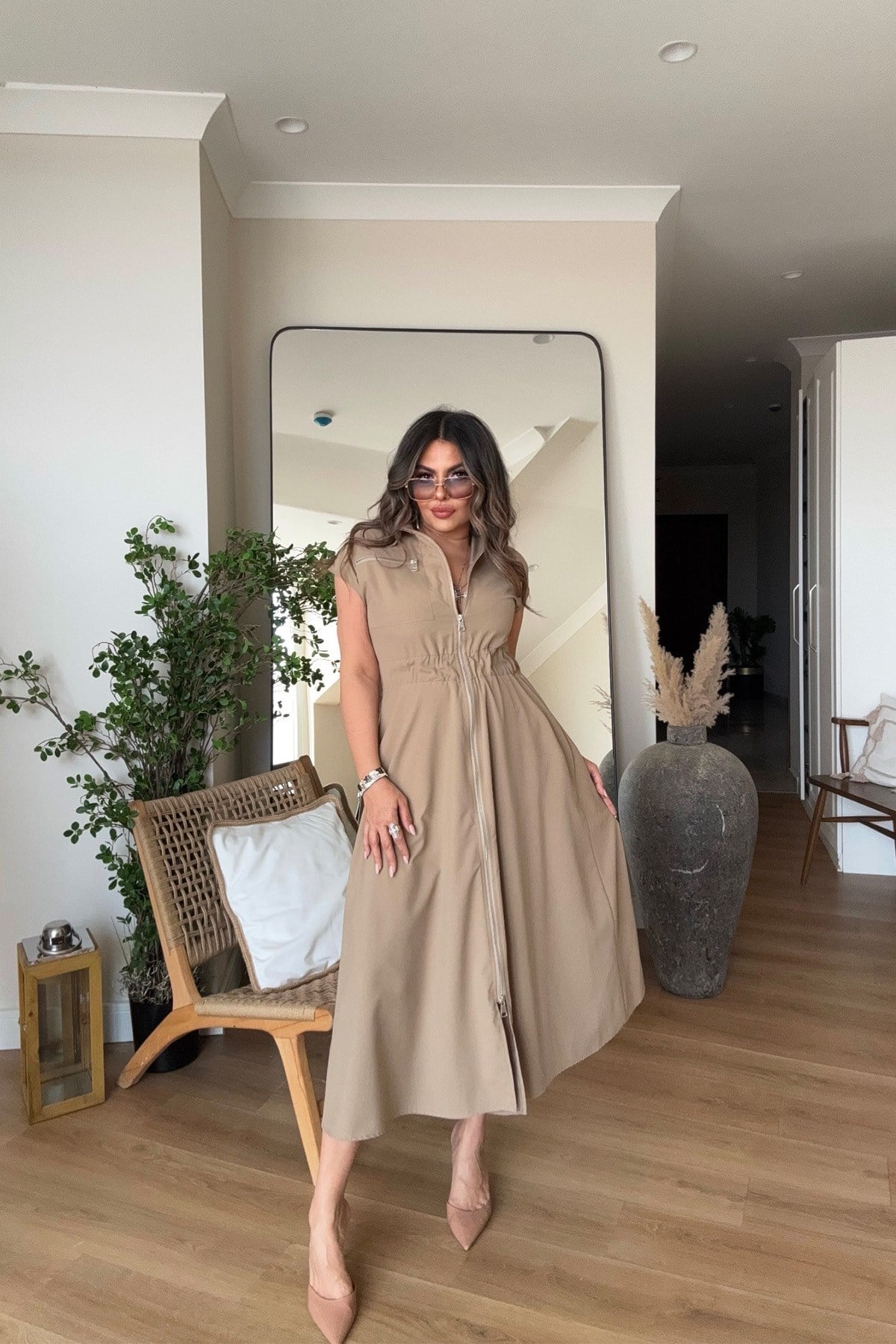 Fermuarlı Beli Lastikli Soft Touch Elbise Camel