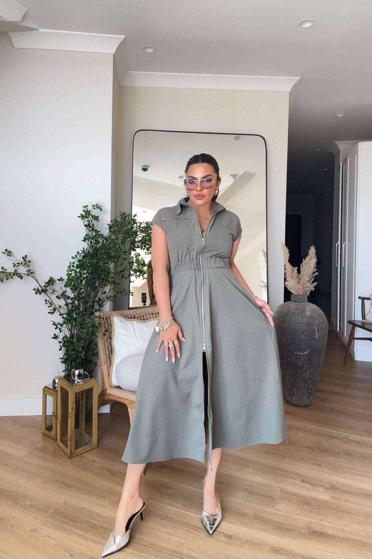 Fermuarlı Beli Lastikli Soft Touch Elbise Haki