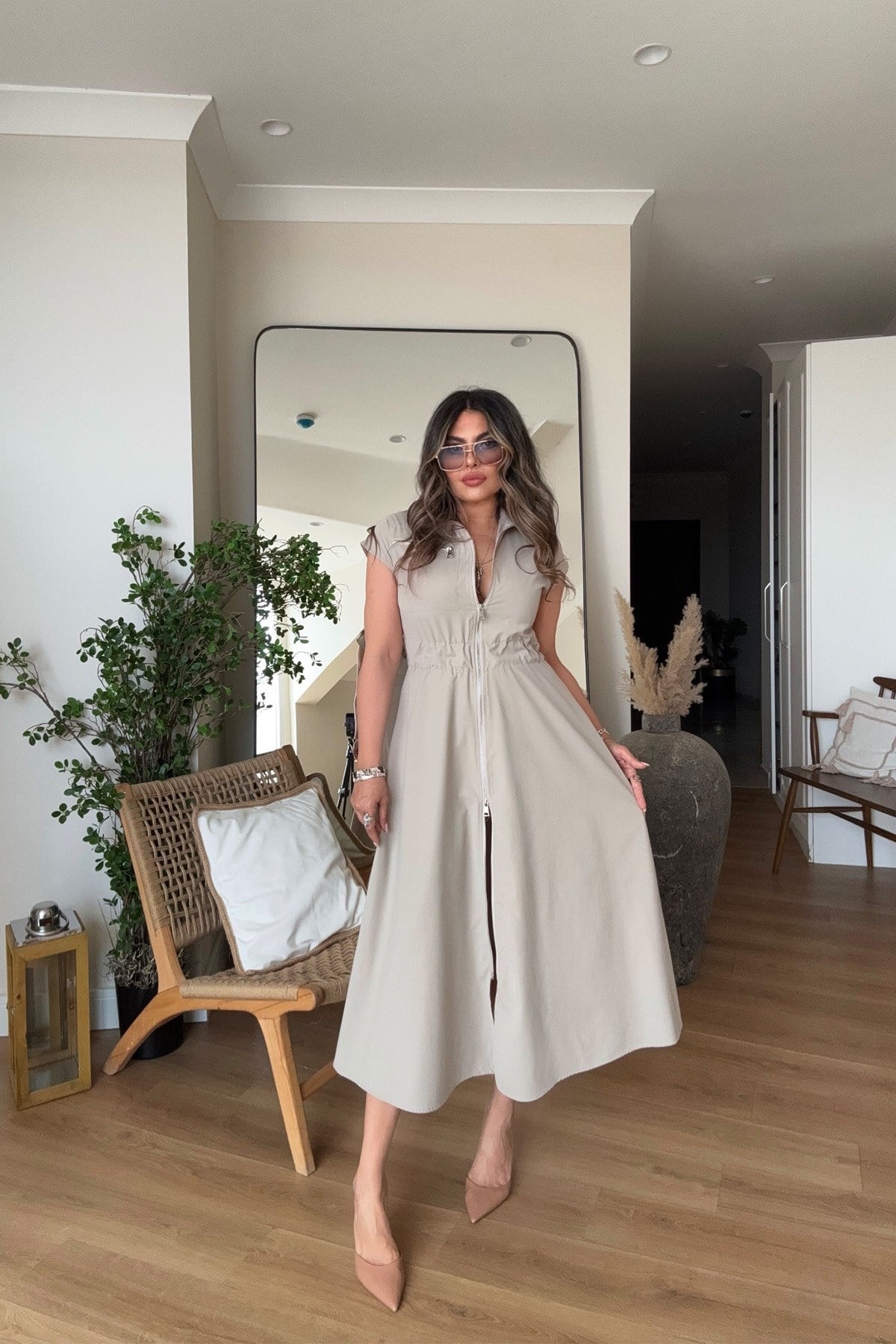 Fermuarlı Beli Lastikli Soft Touch Elbise Taş