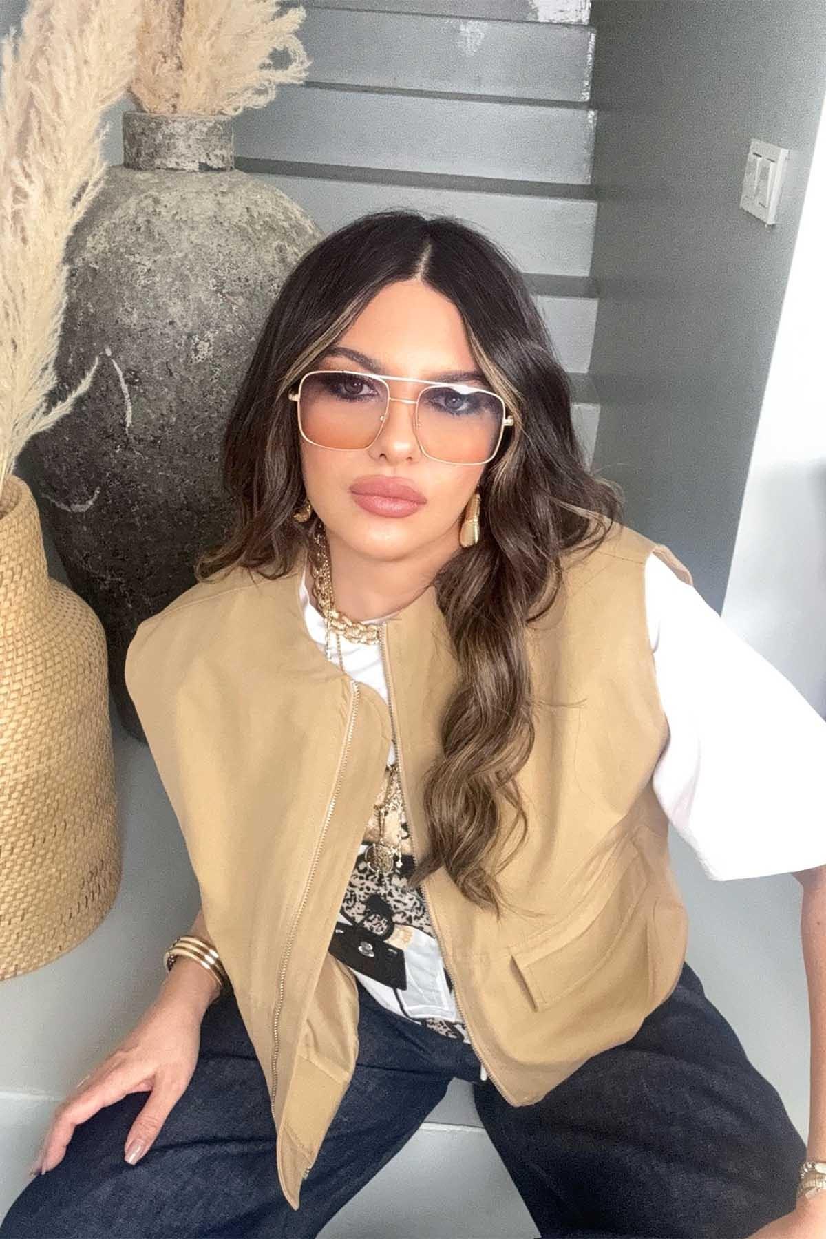 Fermuarlı Cepli Yelek Camel