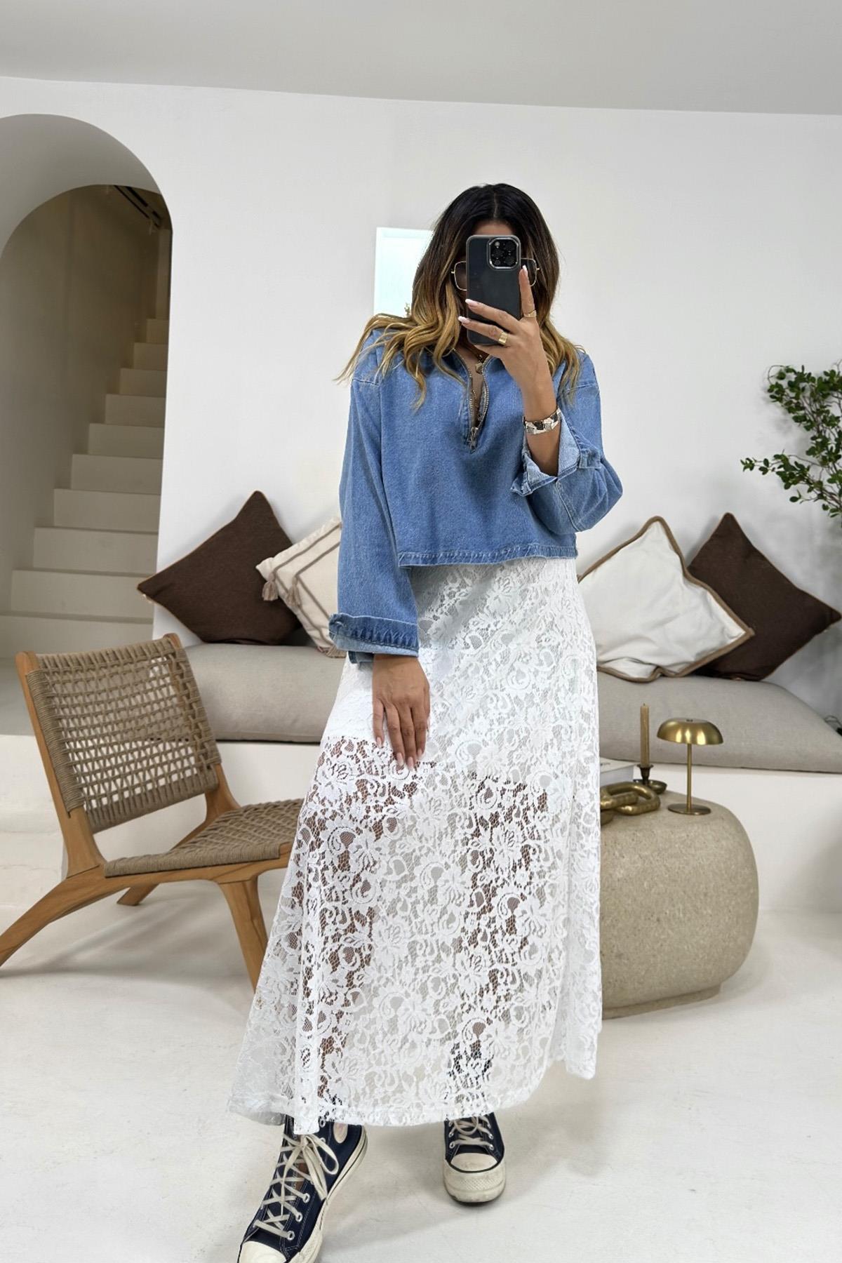 Fermuarlı Jean Bluz Mavi