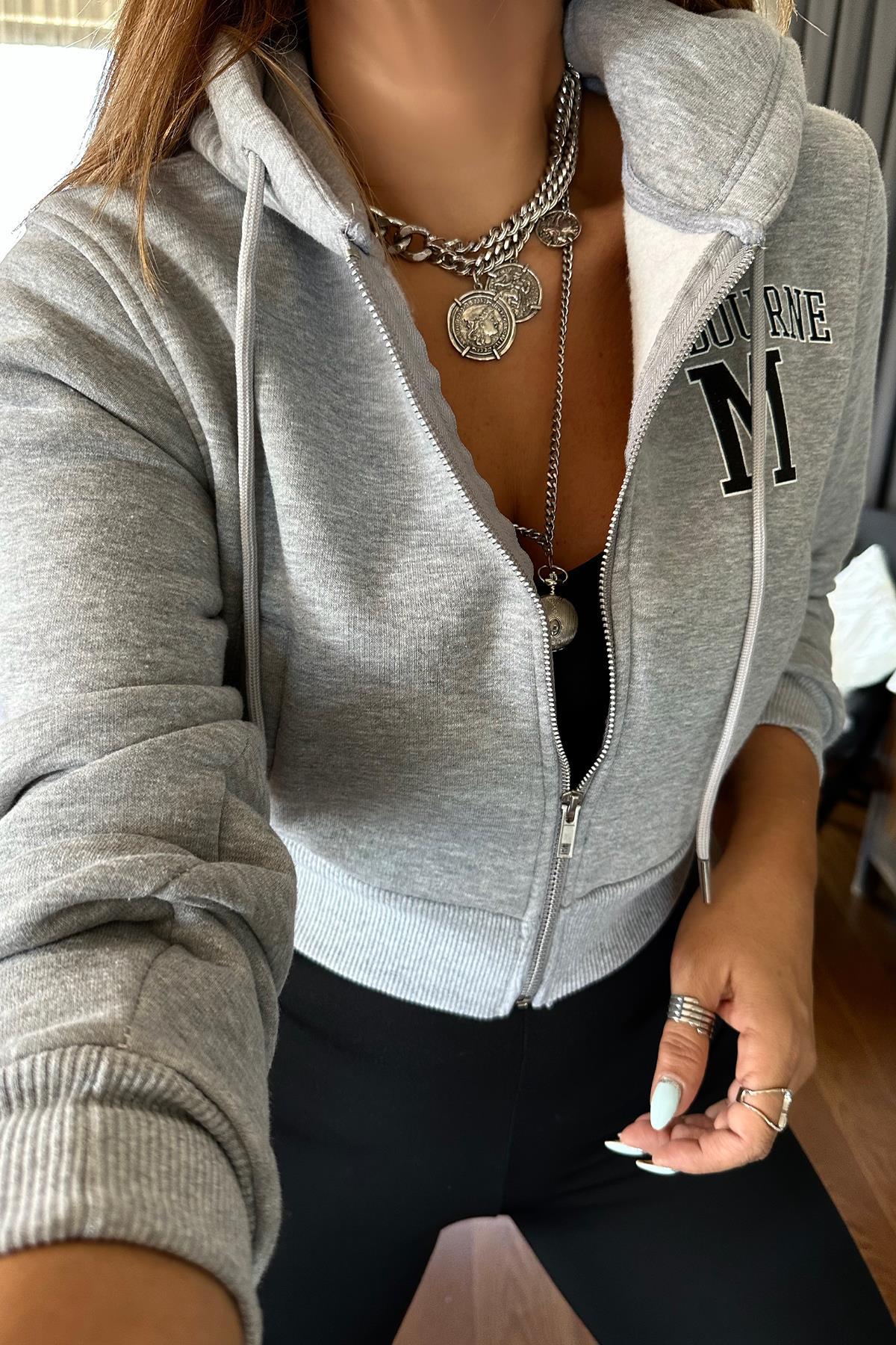 Fermuarlı Kısa Sweatshirt Gri