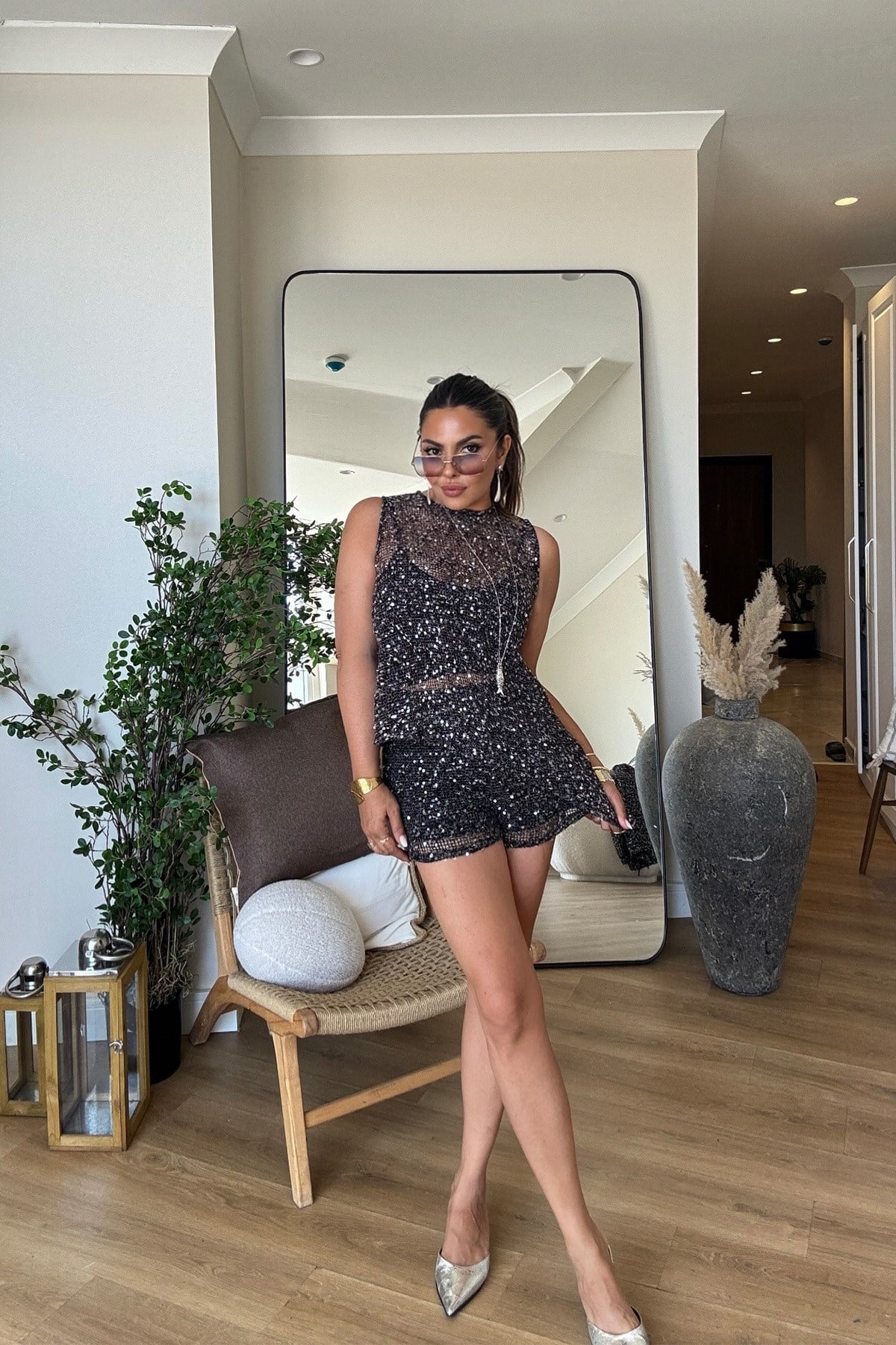 File Payet Şort Siyah
