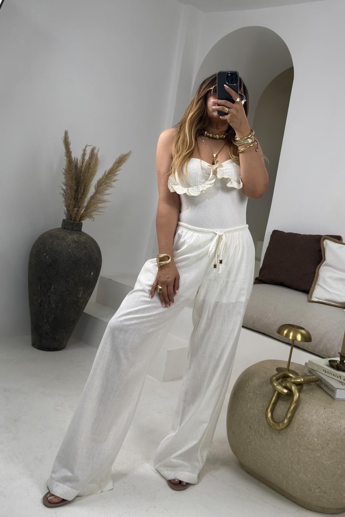 Fırfır Detay Kuplu Askılı Bodysuits Ekru