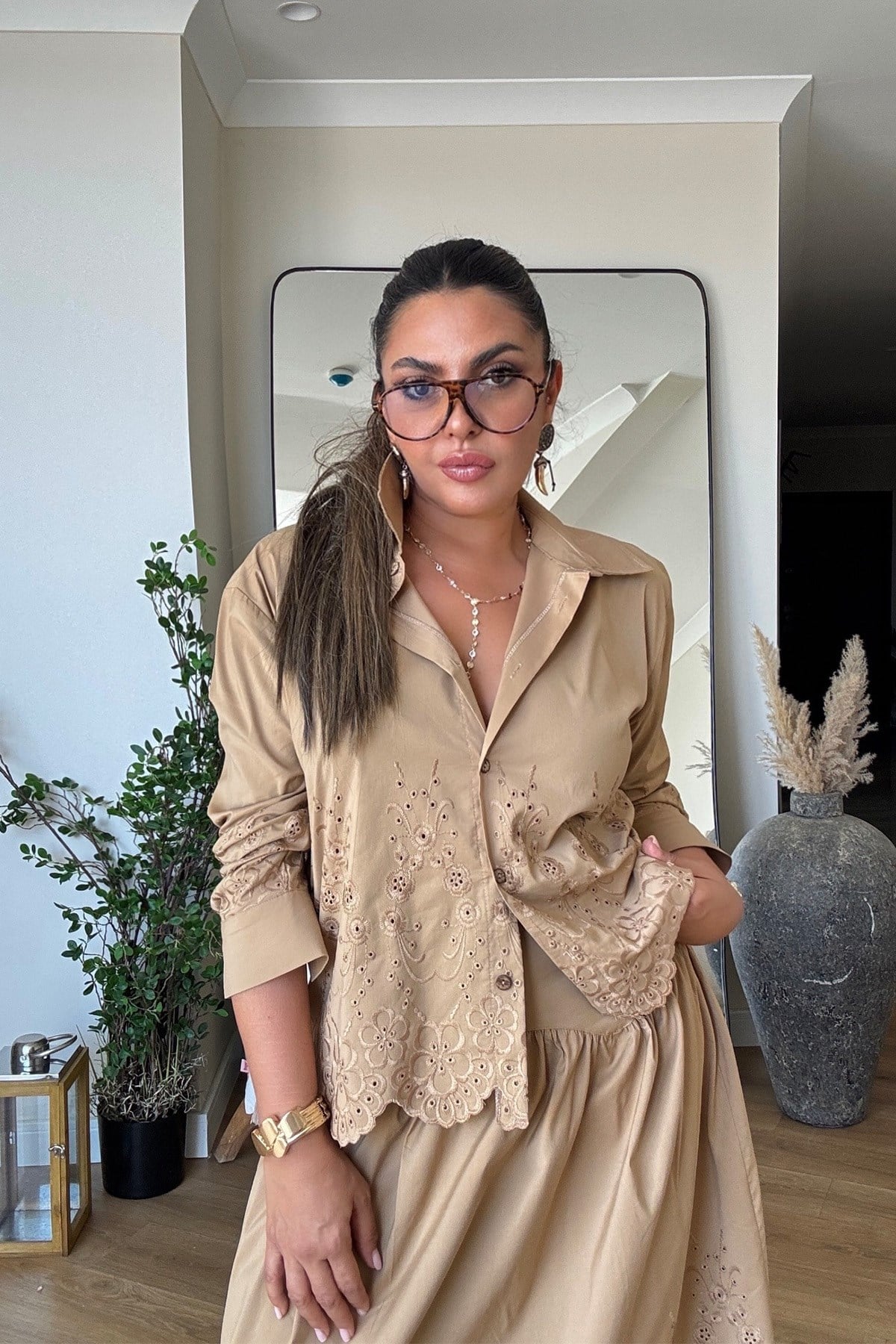 Fisto İşlemeli Etekli Poplin Takım Camel