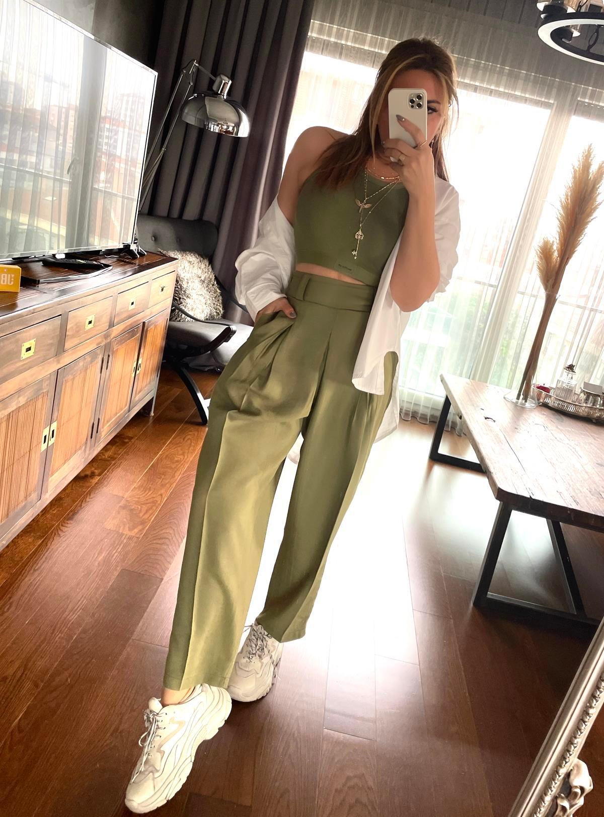 Fitilli Halter Yaka Crop Haki
