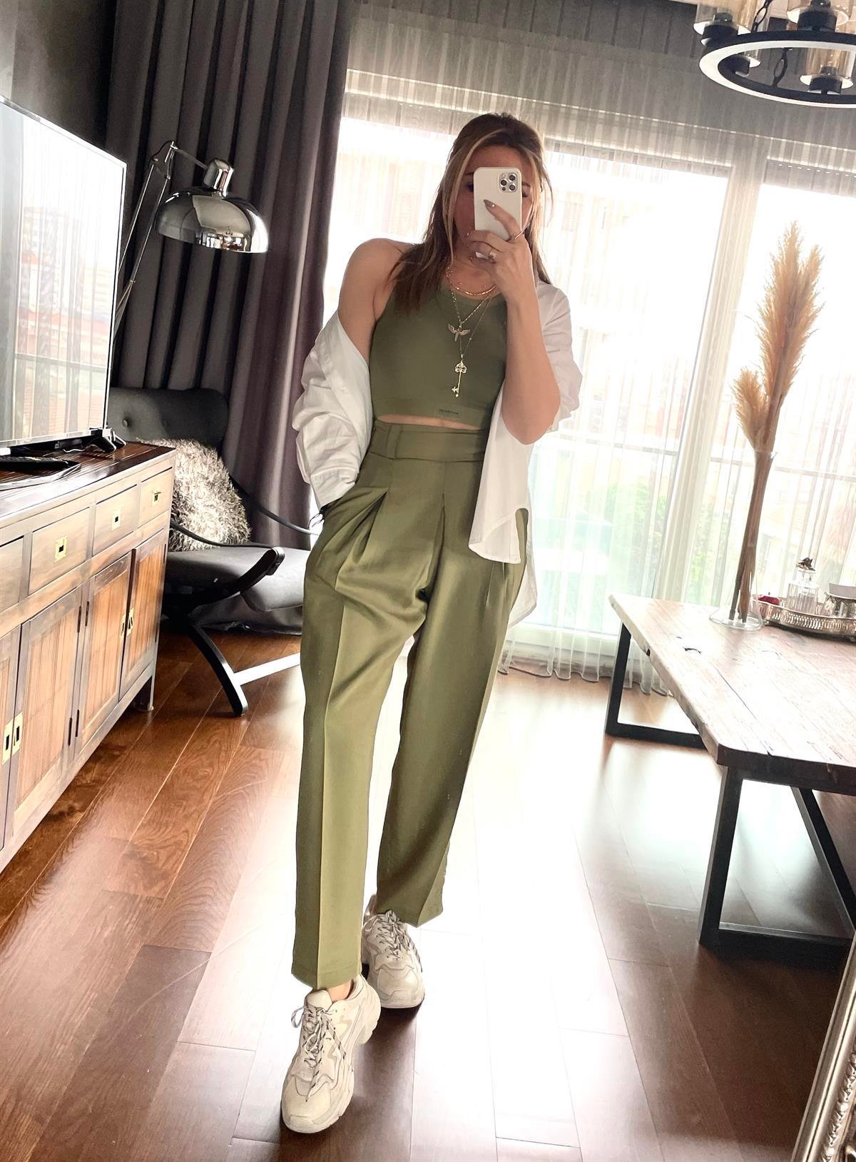 Fitilli Halter Yaka Crop Haki