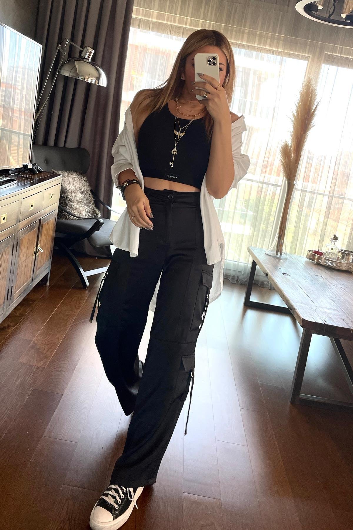Fitilli Halter Yaka Crop Siyah