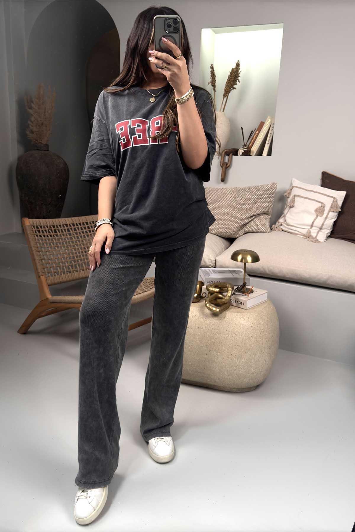 Free Baskı Yıkamalı Oversize Tshirt Gri