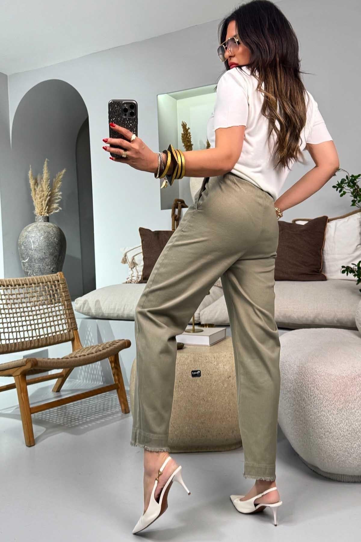 Gabardin Havuç Model Beli Lastikli Pantolon Haki
