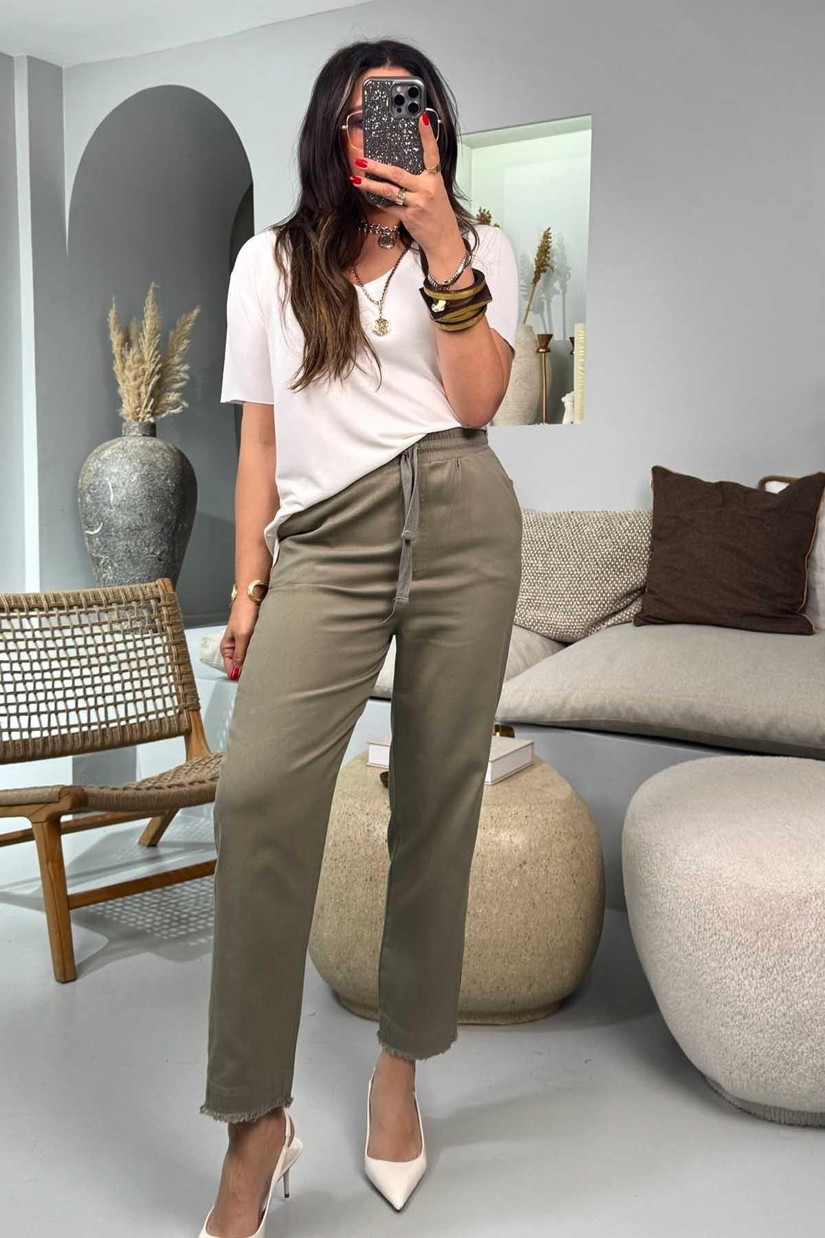 Gabardin Havuç Model Beli Lastikli Pantolon Haki