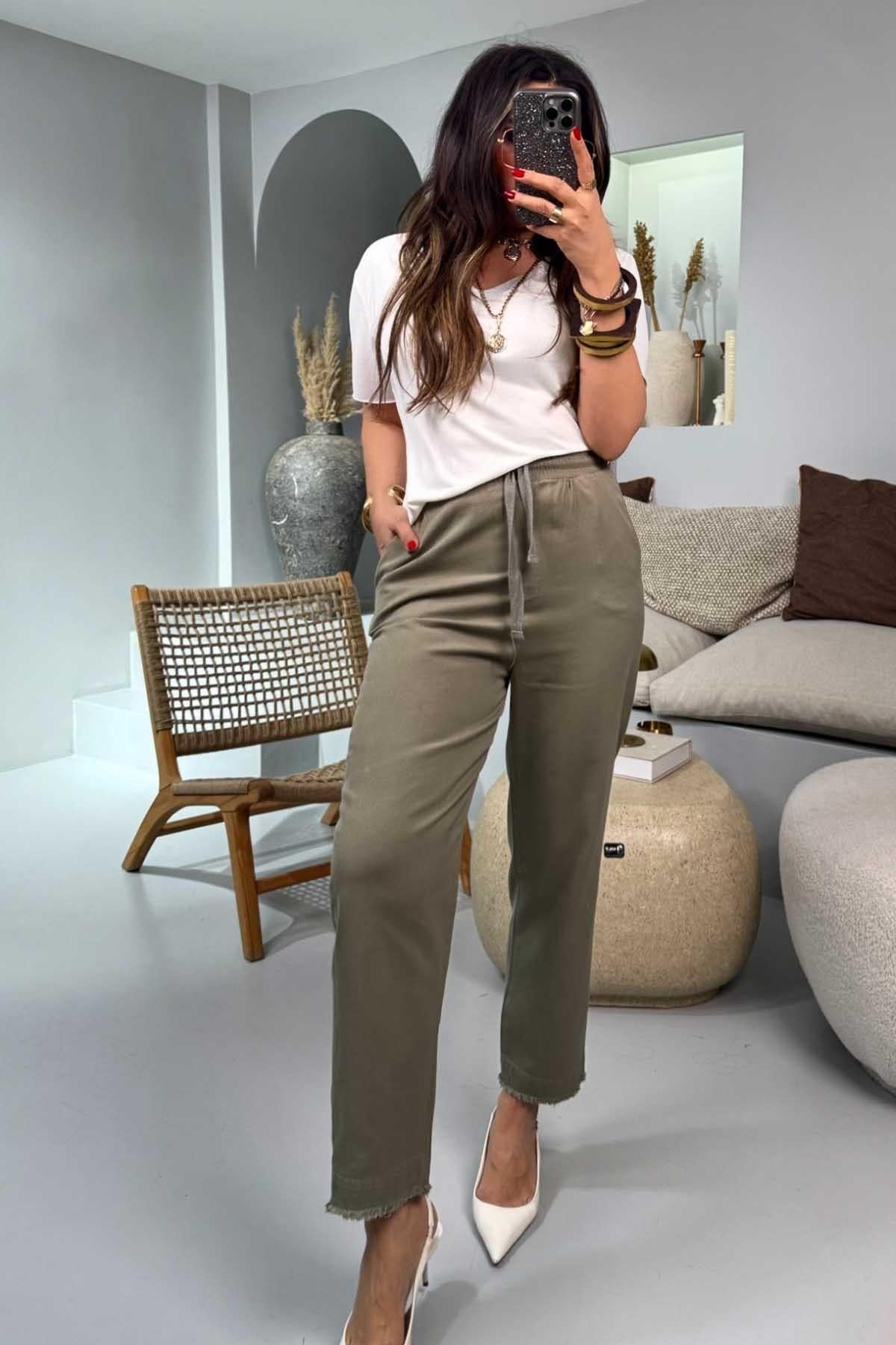Gabardin Havuç Model Beli Lastikli Pantolon Haki