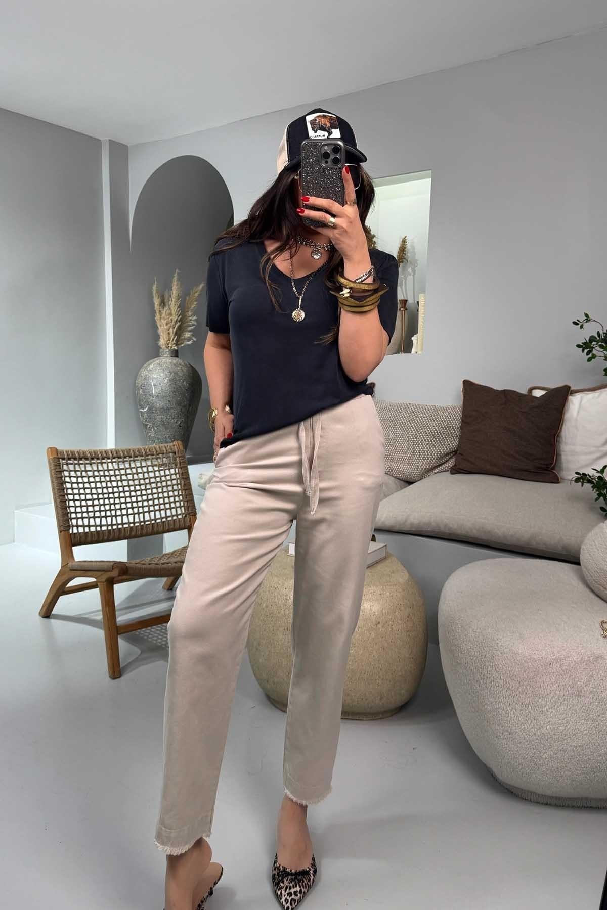 Gabardin Havuç Model Beli Lastikli Pantolon Taş