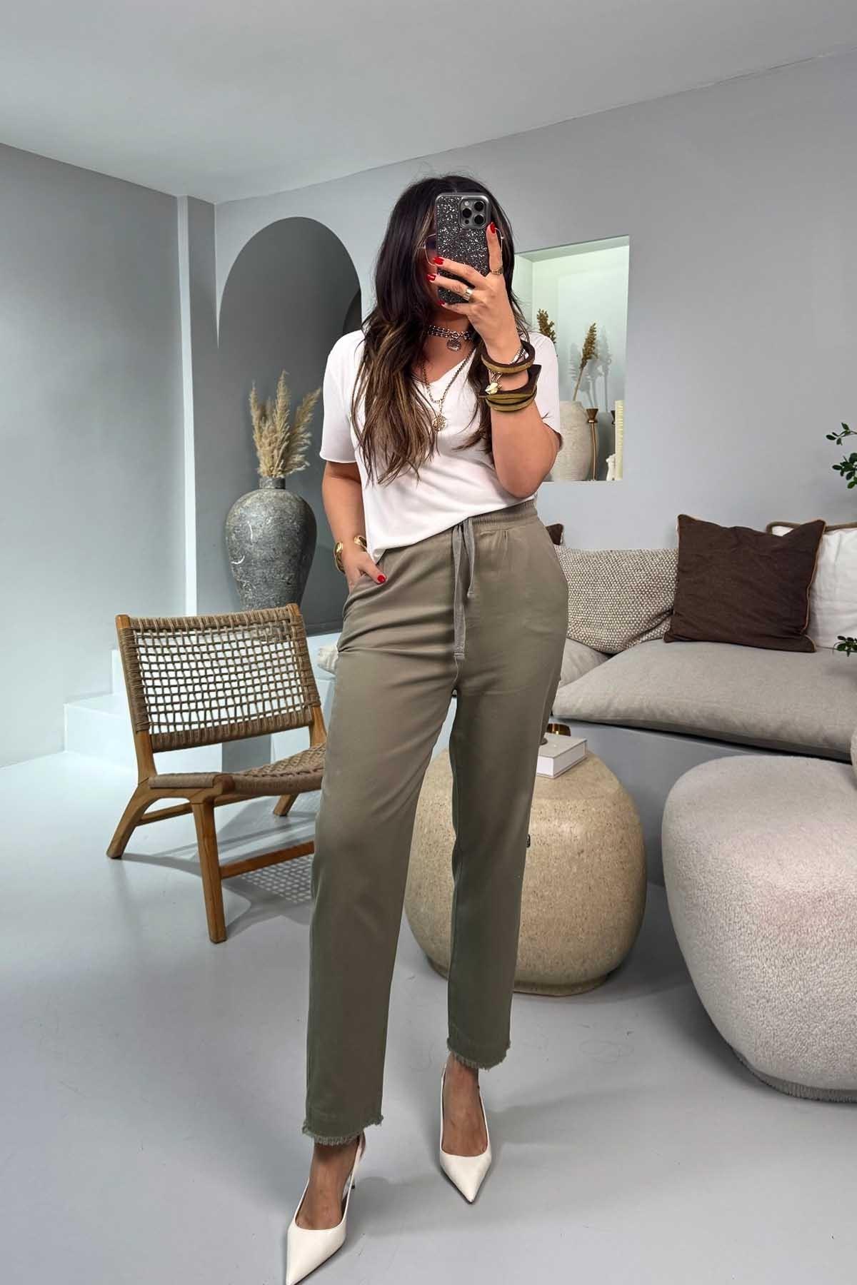 Gabardin Havuç Model Beli Lastikli Pantolon Haki