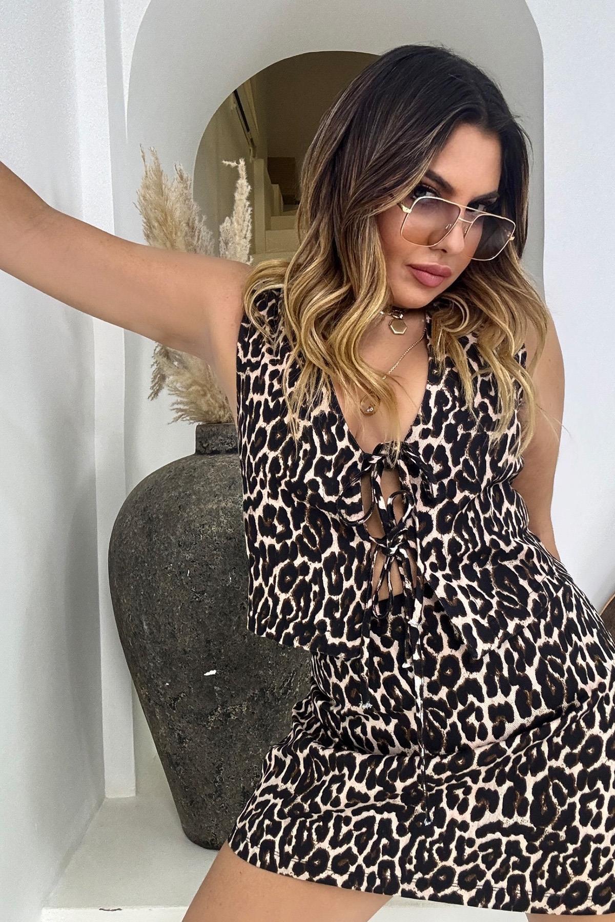 Gabardin Kumaş Bağlamalı Yelek Leopar