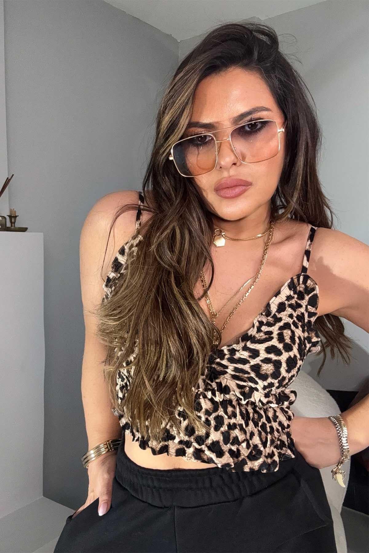 Gipeli Leopar Askılı Crop Renkli