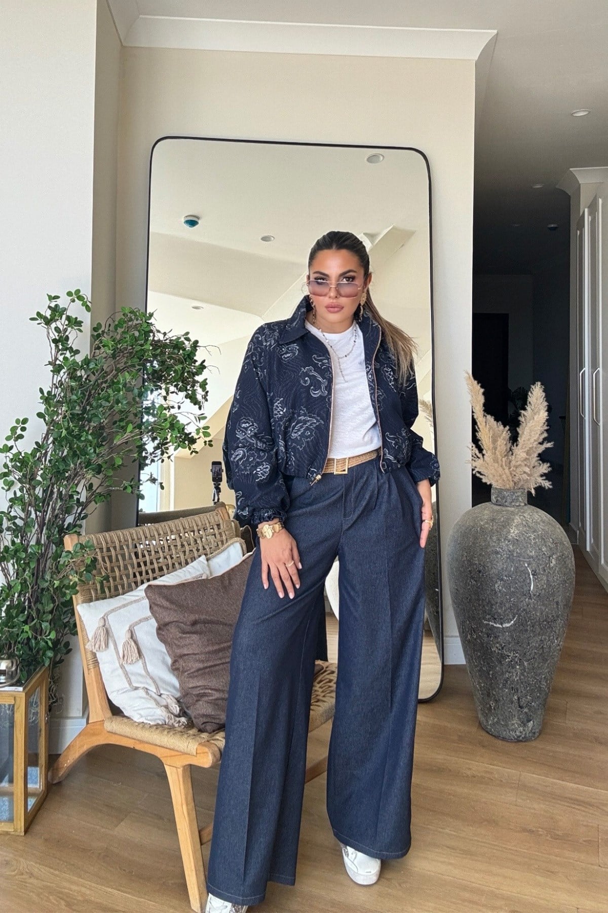 Goblen Desen Jean Bomber Ceket Lacivert