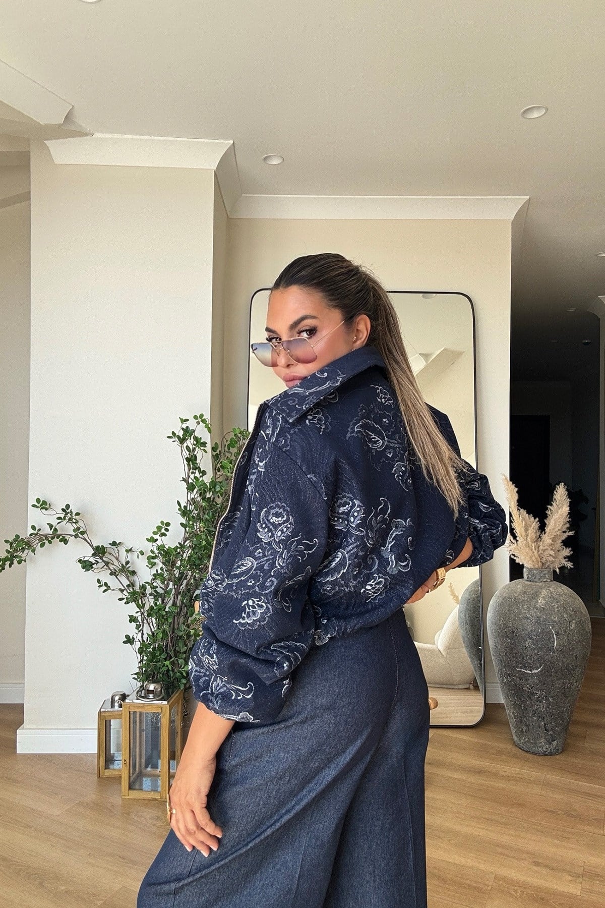 Goblen Desen Jean Bomber Ceket Lacivert
