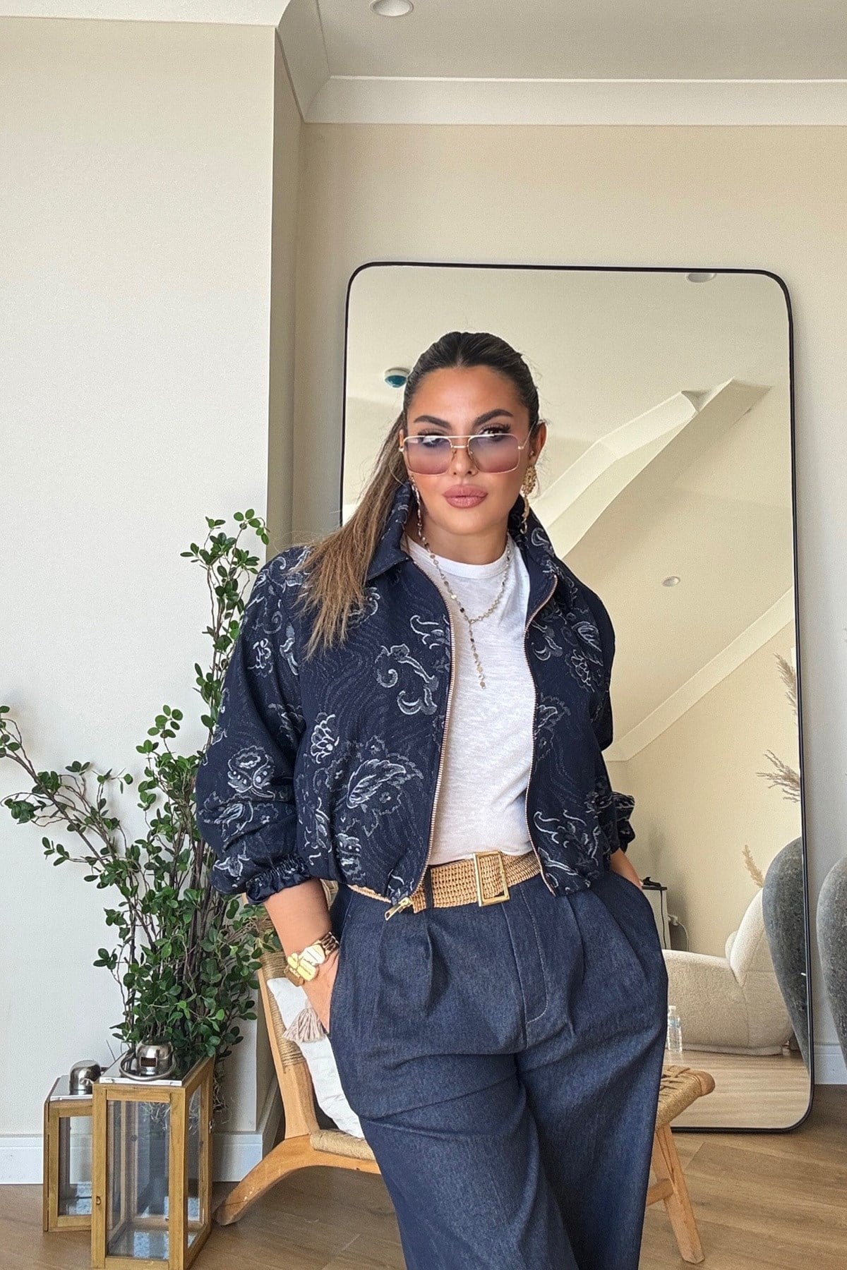 Goblen Desen Jean Bomber Ceket Lacivert