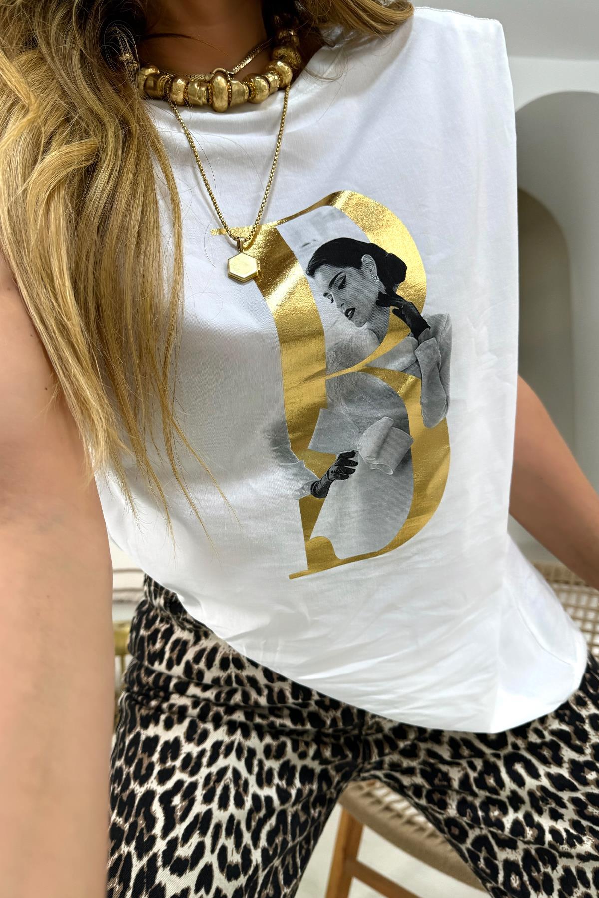 Gold B Baskılı Vatkalı Tshirt Ekru