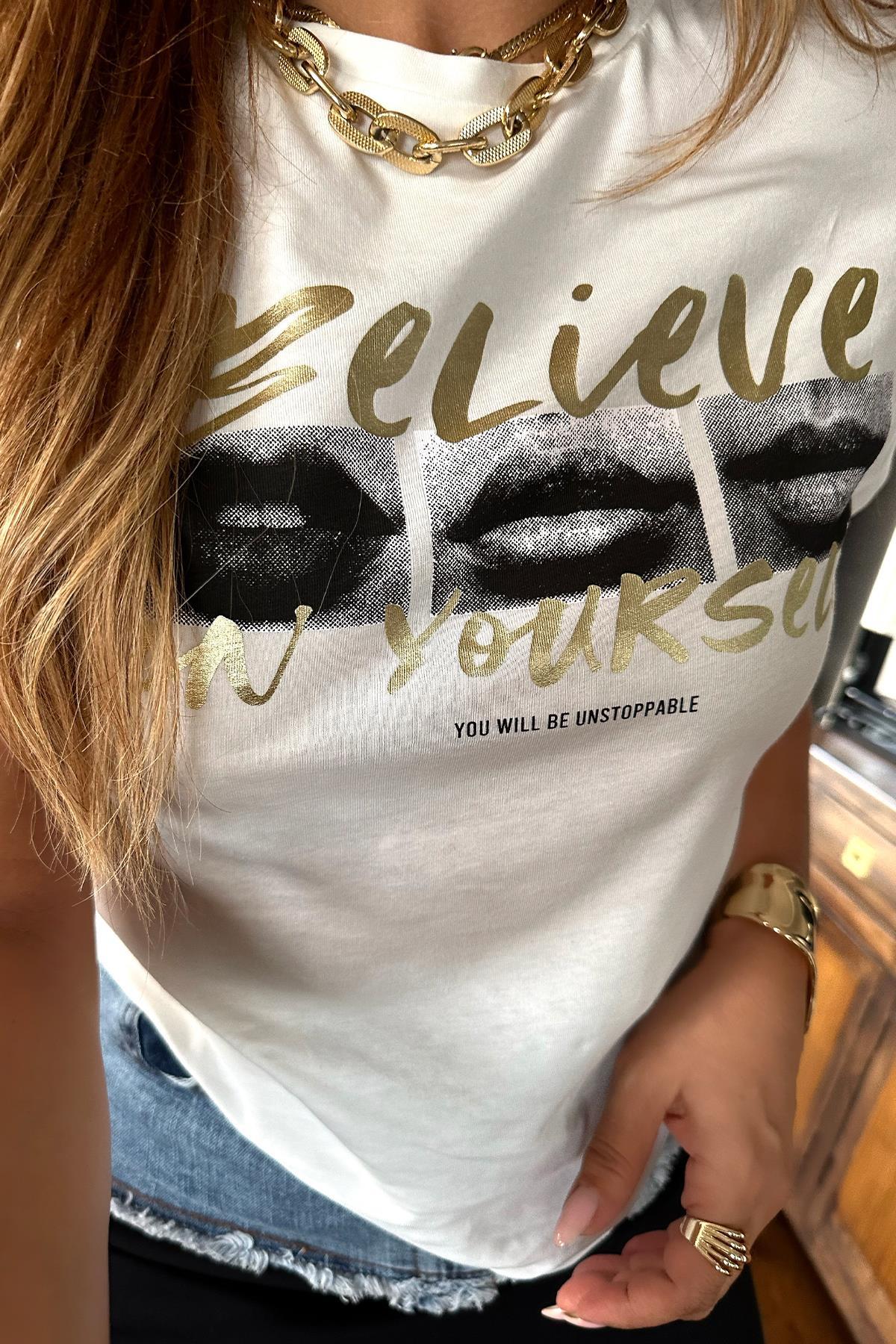 Gold Baskılı Belive Tshirt Ekru