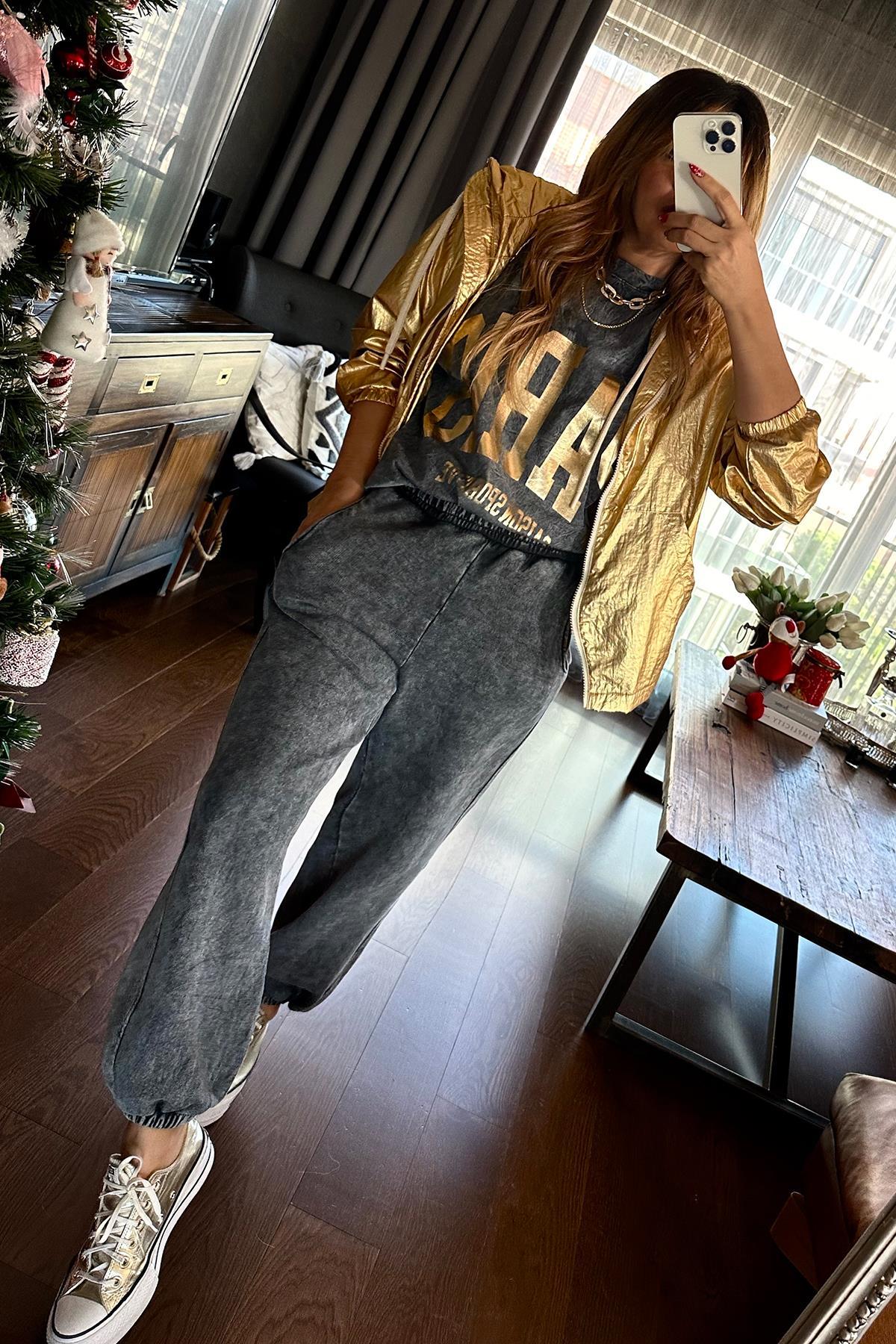 Gold Baskılı Oversize Paris T-Shirt Füme