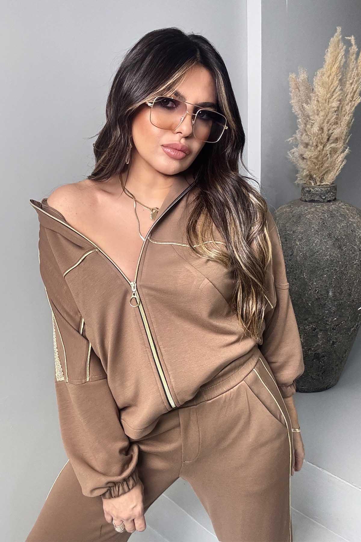 Gold Biyeli Modal Eşofman Takım Taba
