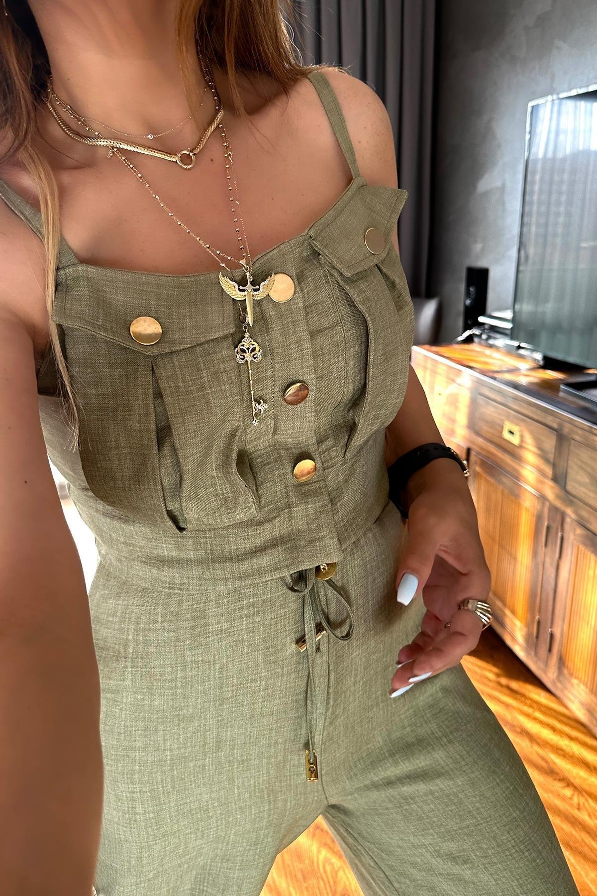 Gold Düğmeli Askılı Tulum Haki