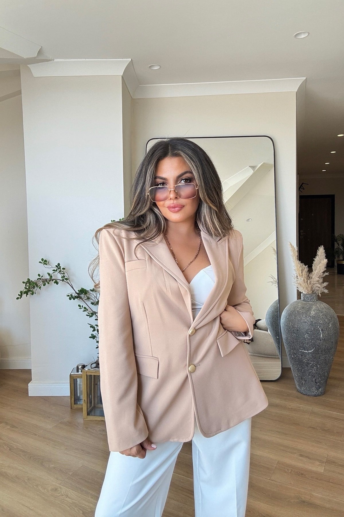 Gold Düğmeli Slim Fit Blazer Ceket Bej