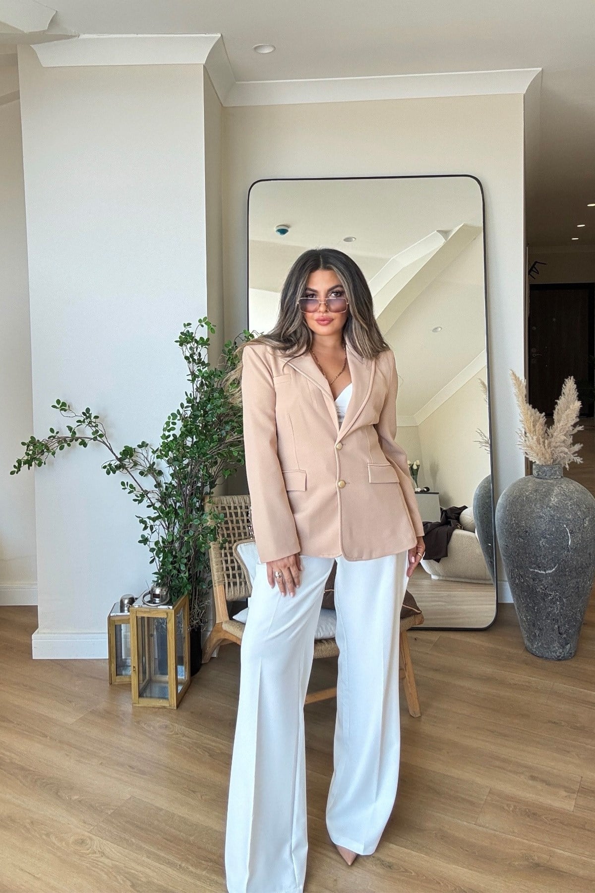 Gold Düğmeli Slim Fit Blazer Ceket Bej