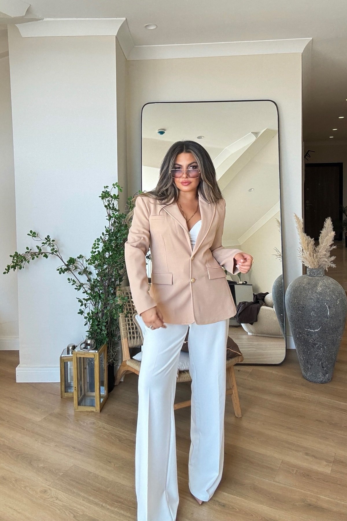 Gold Düğmeli Slim Fit Blazer Ceket Bej