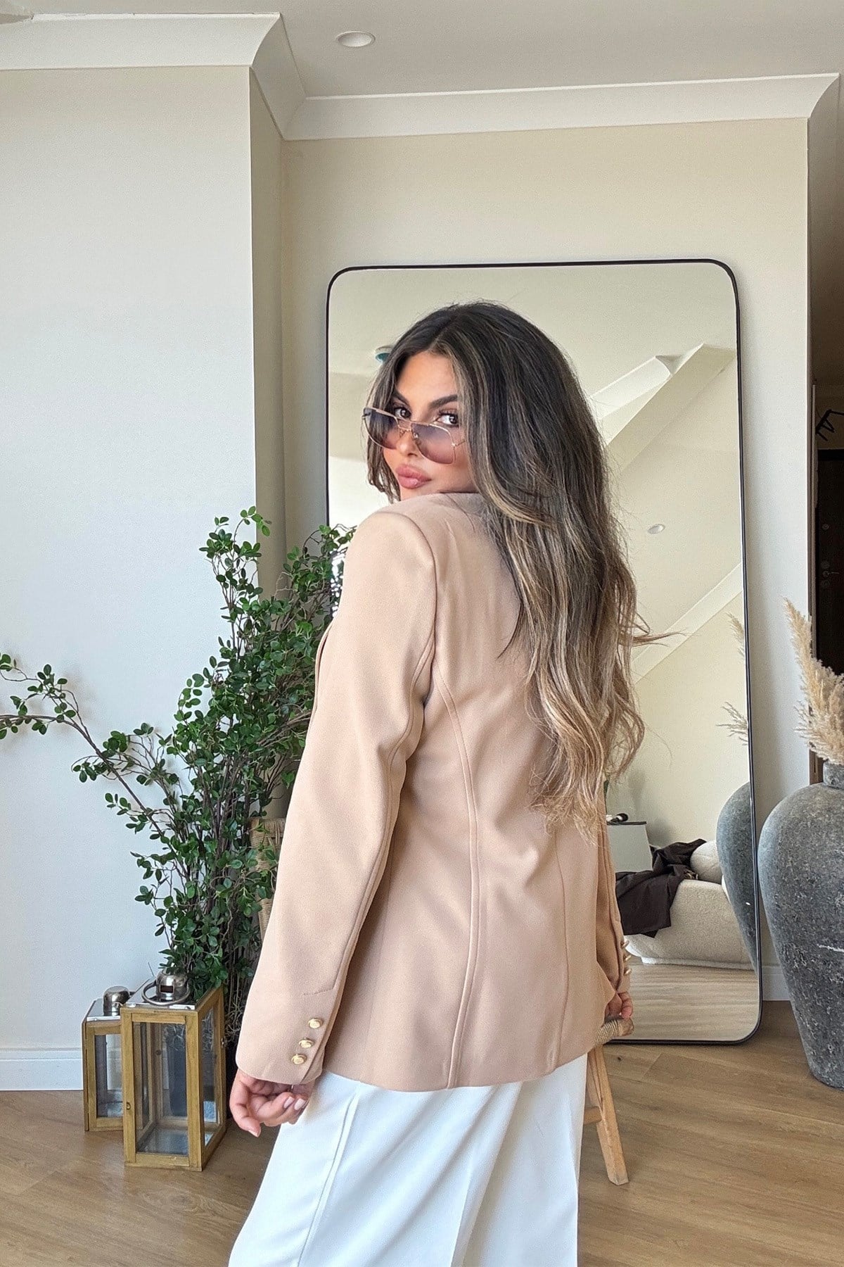 Gold Düğmeli Slim Fit Blazer Ceket Bej